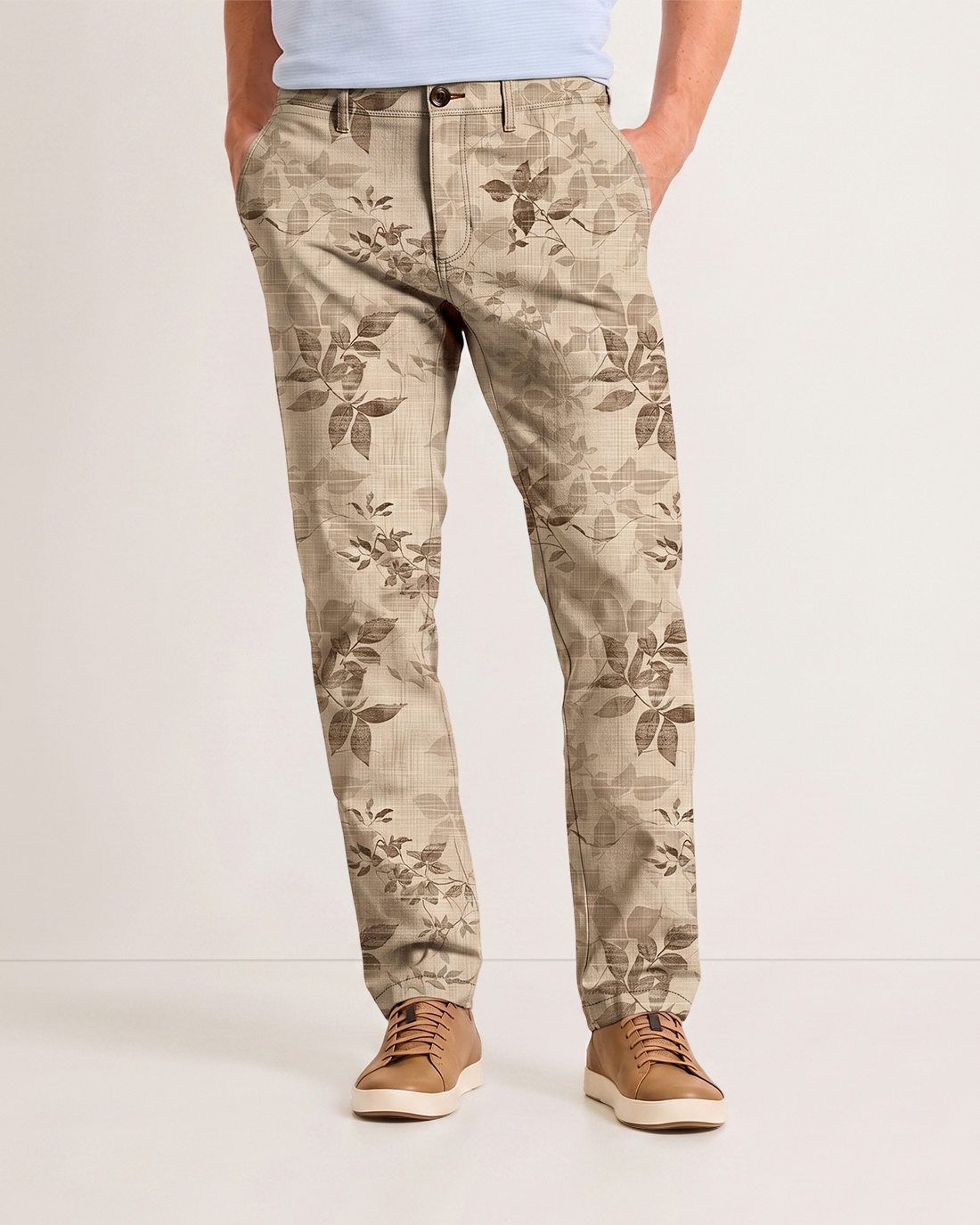 Men's Khaki Base Brown Leaf Print Classic Straight Fit Retro Nature Casual Trousers