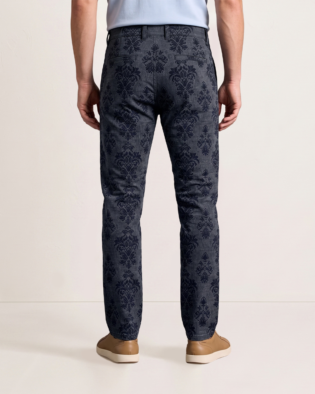 Men's Dark Gray Damask Flocked Slim Straight Fit Retro Luxury Casual Denim Trousers