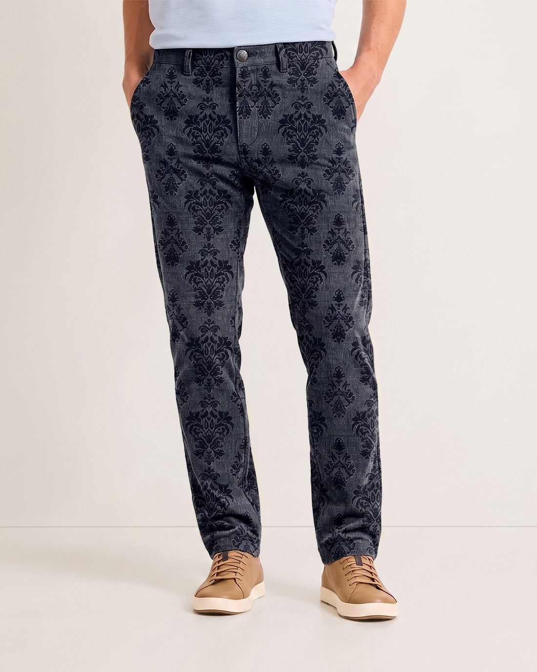 Men's Dark Gray Damask Flocked Slim Straight Fit Retro Luxury Casual Denim Trousers