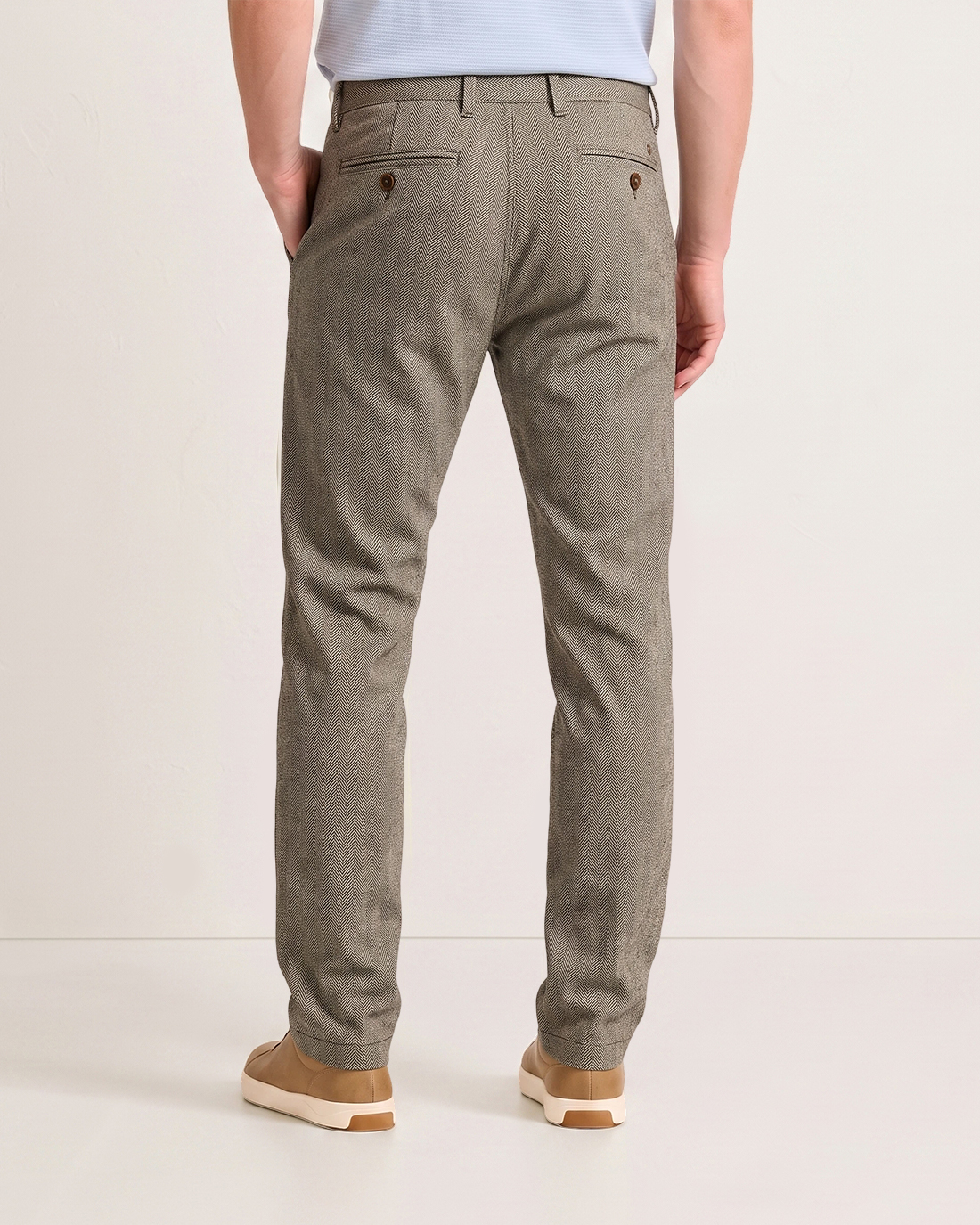 Men's Khaki Tone Fine Herringbone Textured Classic Straight Fit Old Money Smart Casual Trousers