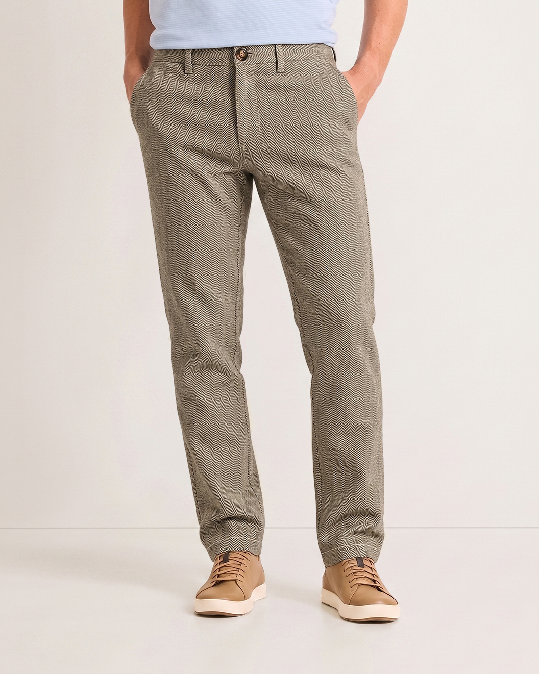 Men's Khaki Tone Fine Herringbone Textured Classic Straight Fit Old Money Smart Casual Trousers