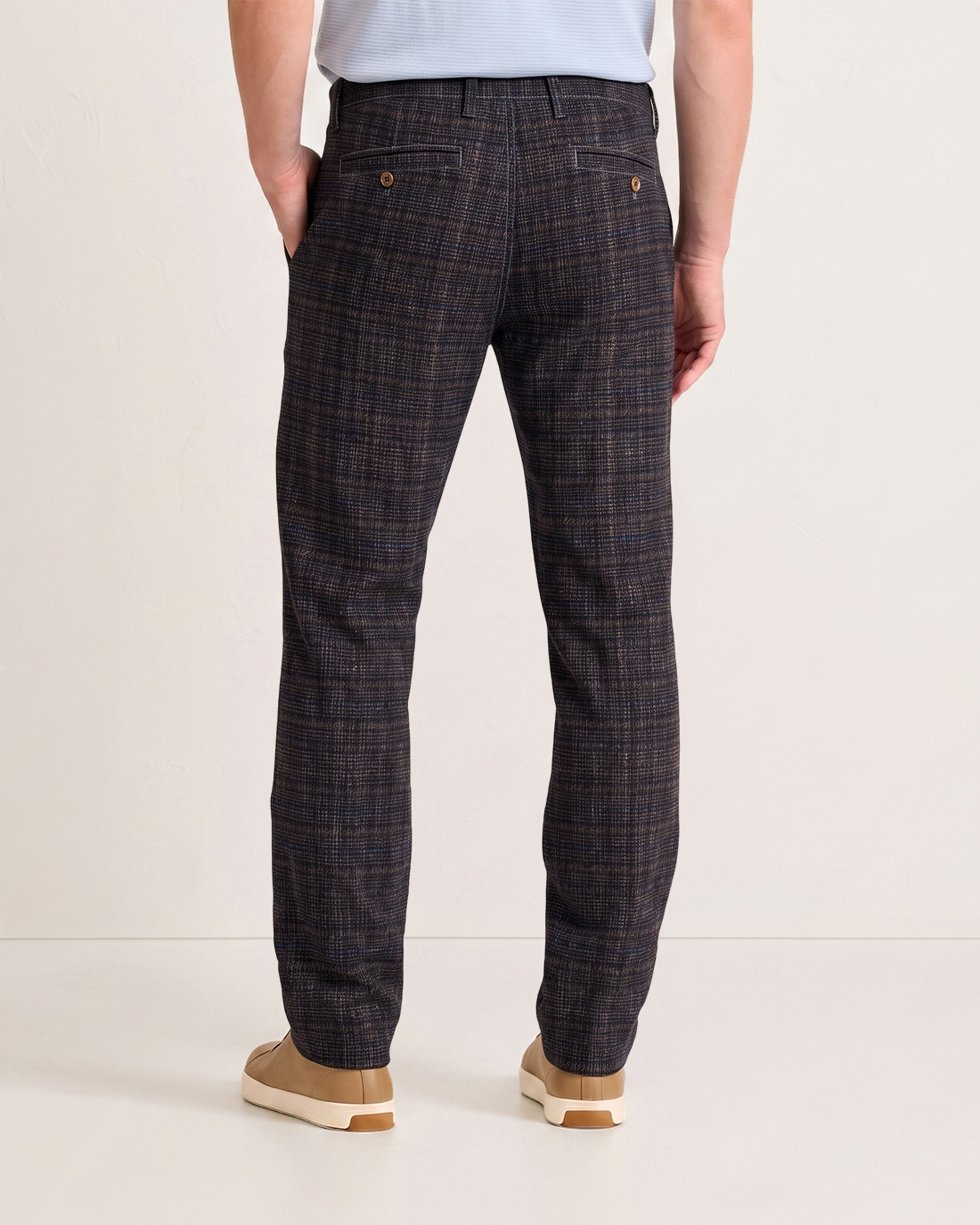Men's Dark Navy Base Brown Blue Woven Plag Slim Straight Fit Retro British Smart Casual Trousers