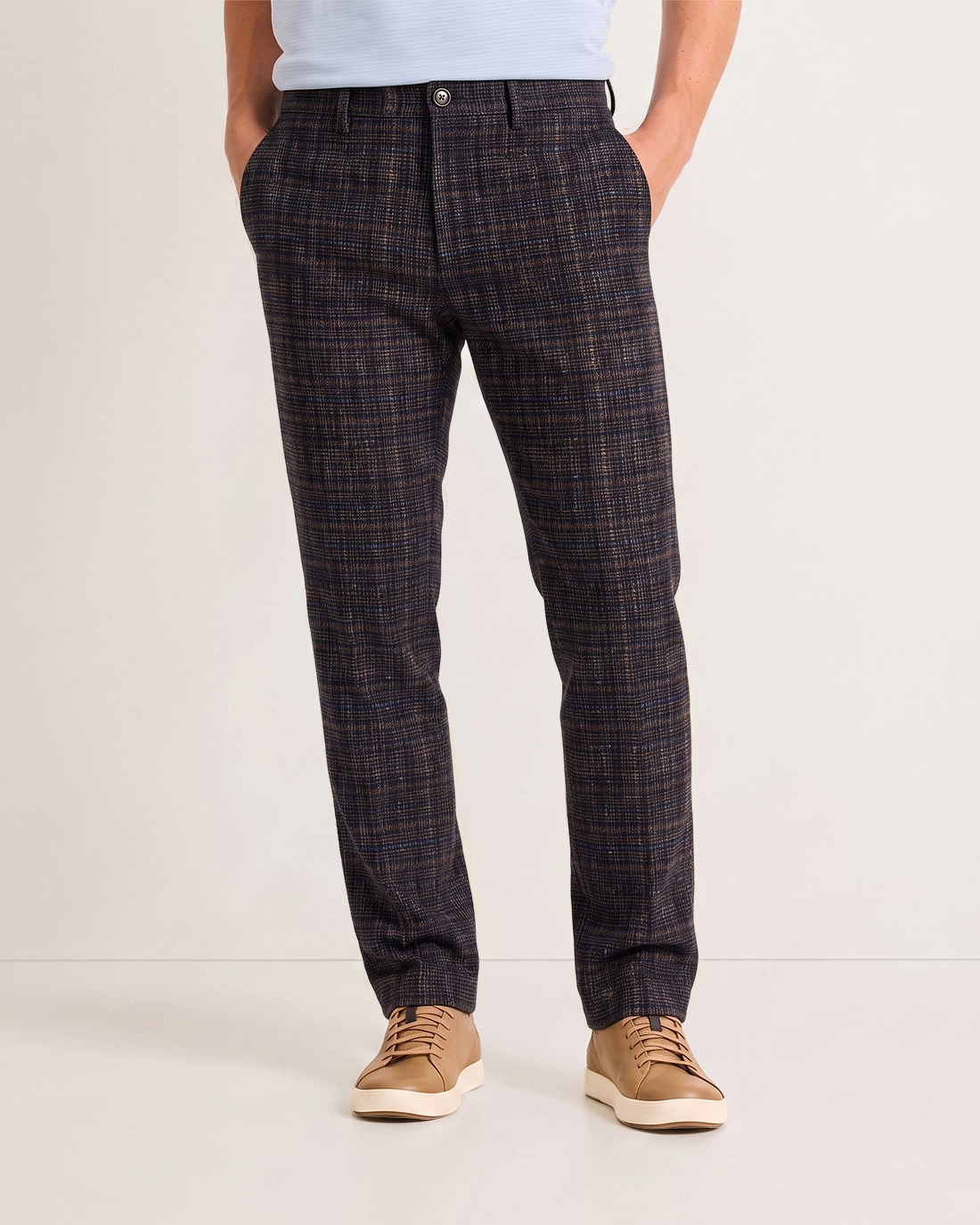 Men's Dark Navy Base Brown Blue Woven Plag Slim Straight Fit Retro British Smart Casual Trousers