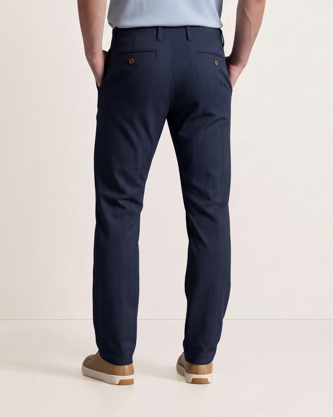 Men's Navy Blue Herringbone Textured Classic Straight Fit Business Casual Daily Trousers