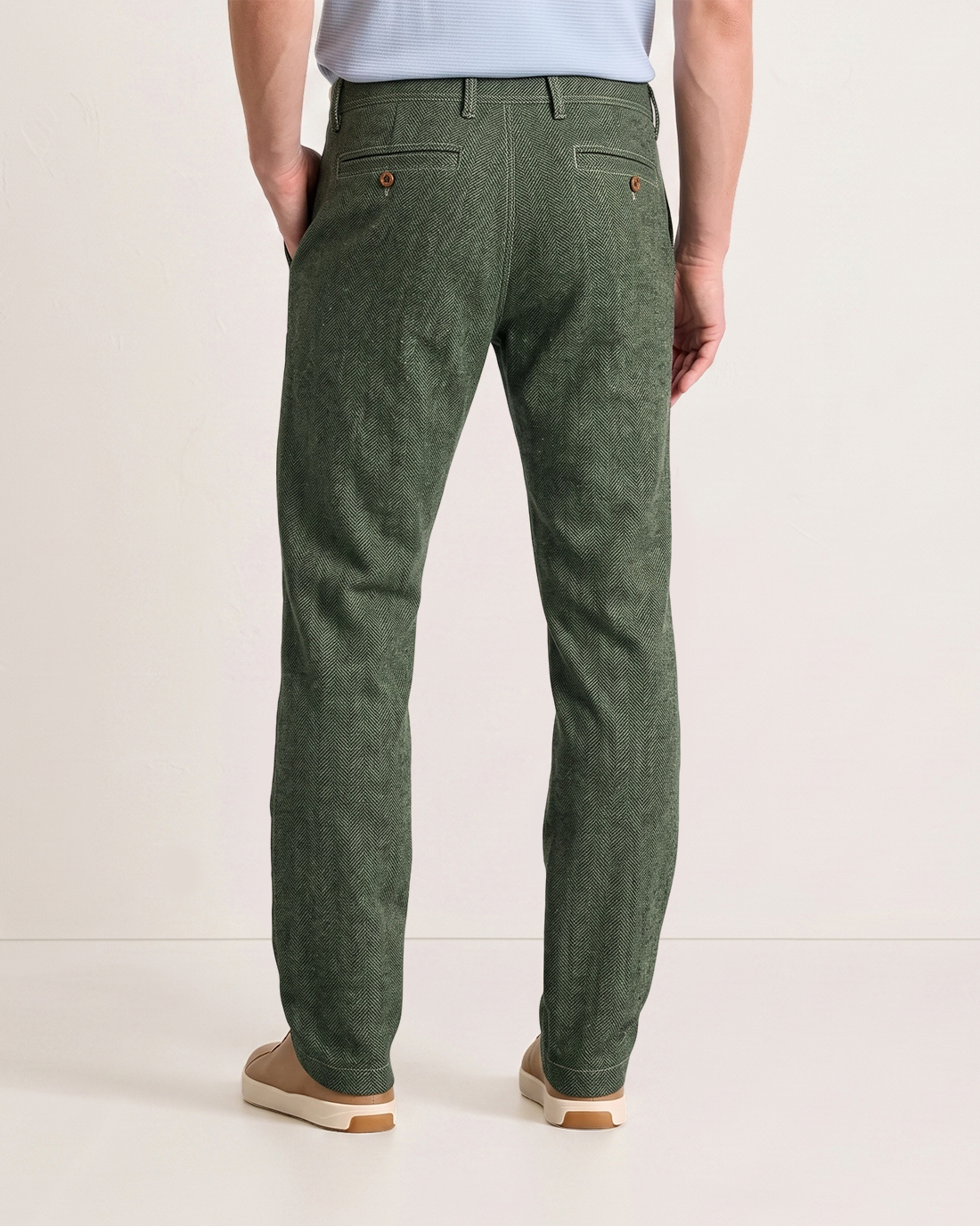 Men's Olive Green Herringbone Textures Classic Straight Fit Retro British Casual Trousers