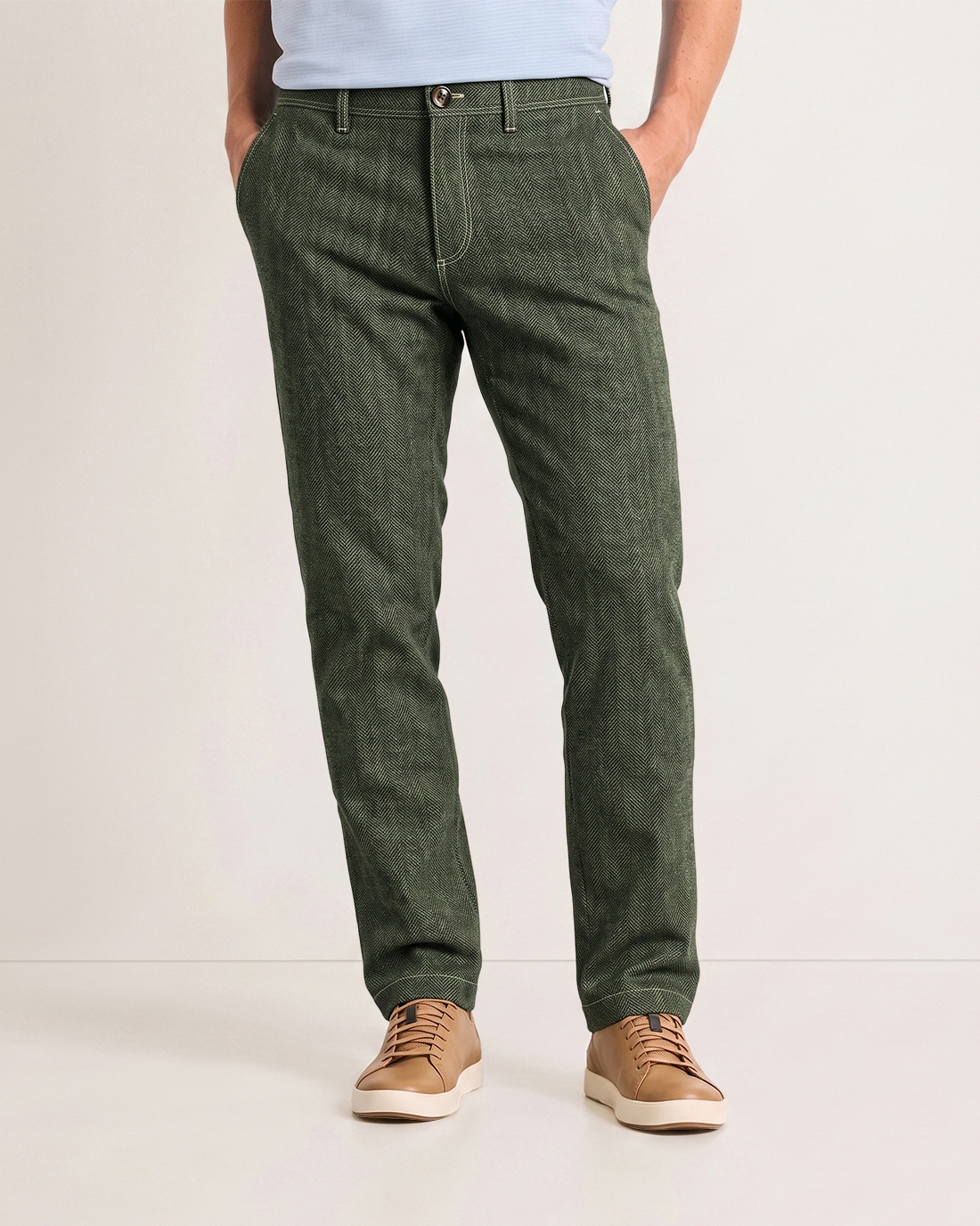 Men's Olive Green Herringbone Textures Classic Straight Fit Retro British Casual Trousers