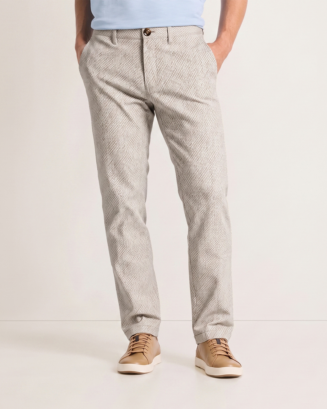 Men's Light Beige Base Dark Fine Diamond Check Classic Straight Fit Old Money Smart Casual Trousers