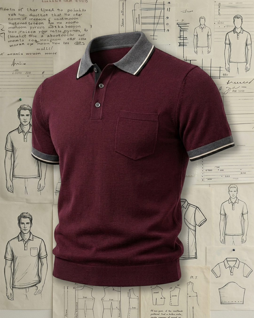 Men's Wine Red Color-block Collar Slim Fit Retro Gentleman Style Knit Pocket Short Sleeve Polo Shirt