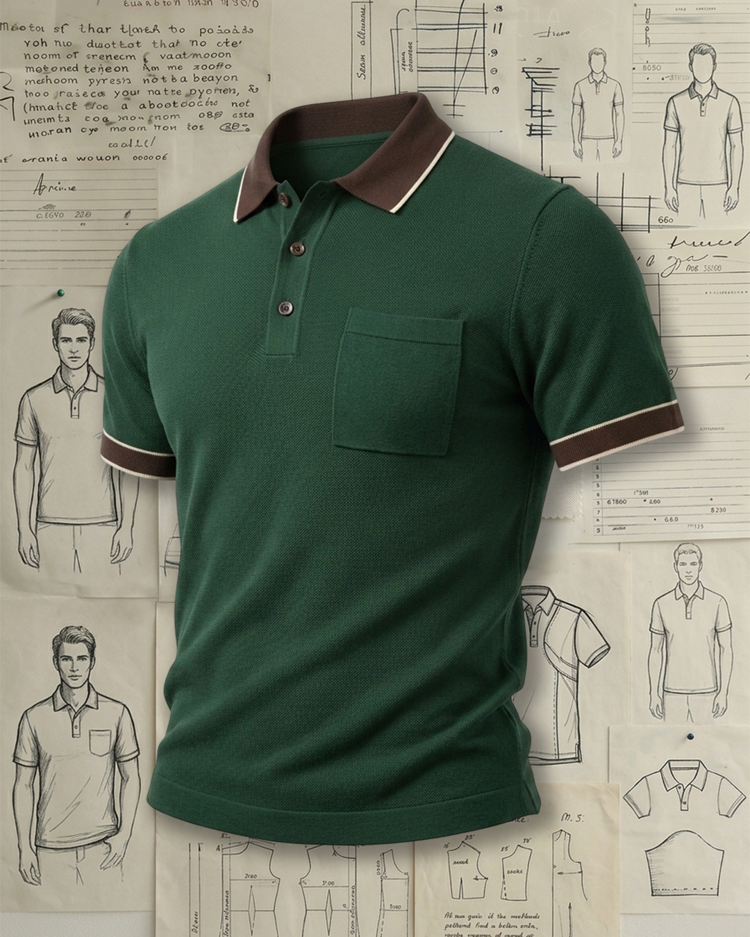 Men's Dark Green Color-block Collar Slim Fit Old Money Style Solid Pocket Pique Short Sleeve Polo Shirt