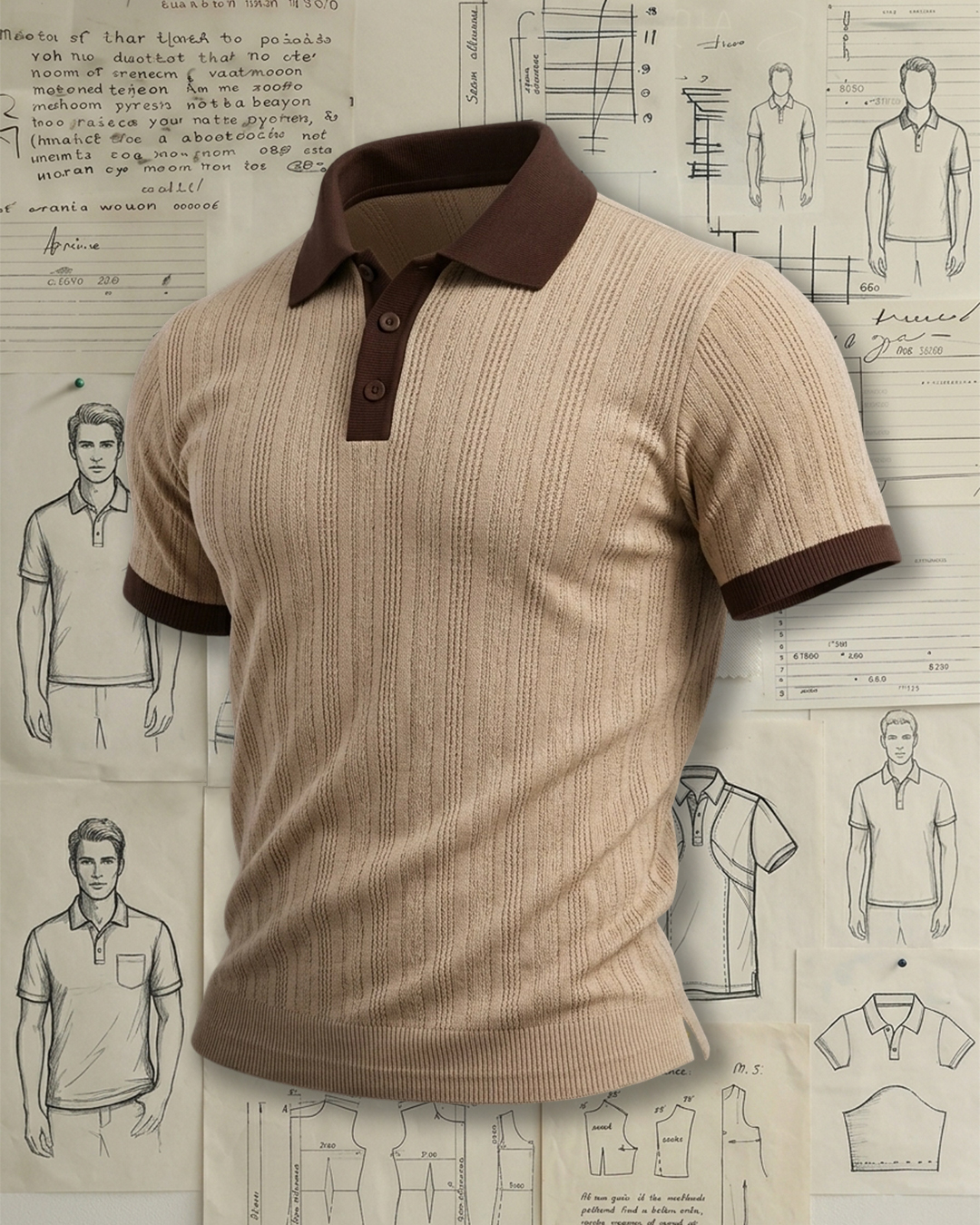 Men's Khaki Vertical Rib Knit Slim Fit Retro Casual Style Color-block Collar No Print Short Sleeve Polo Shirt