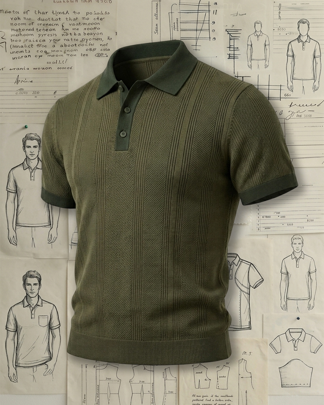 Men's Army Green Vertical Textured Knit Slim Fit Business Casual Style No Print Short Sleeve Polo Shirt