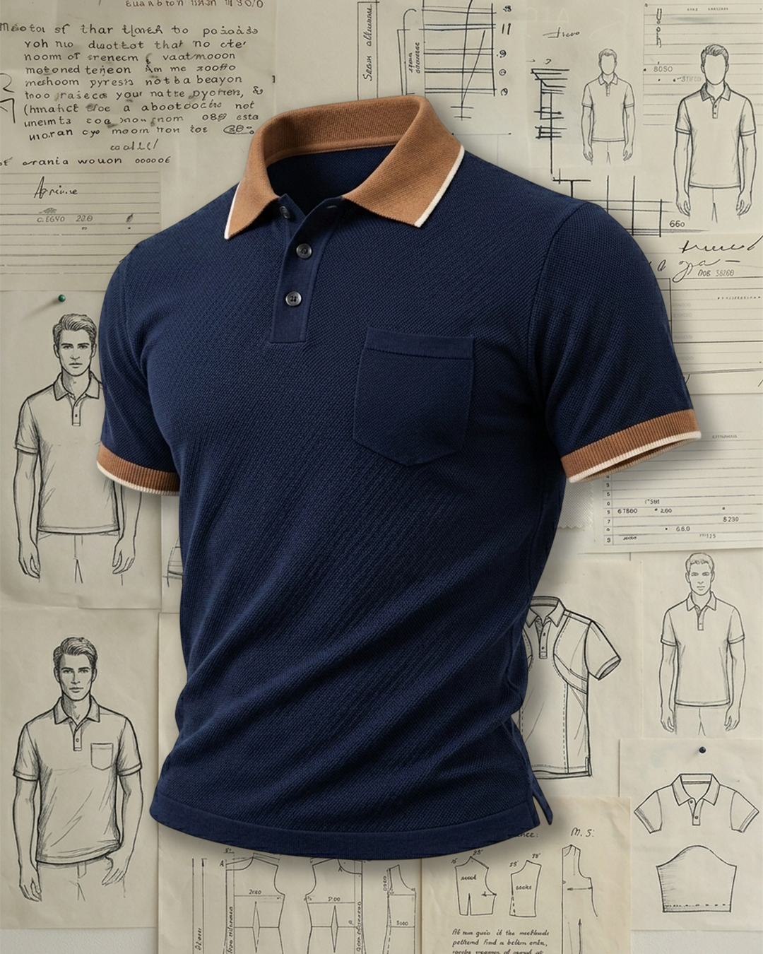 Men's Navy Brown Trim Slim Fit Retro Casual Style No Print Pocket Pique Short Sleeve Polo Shirt