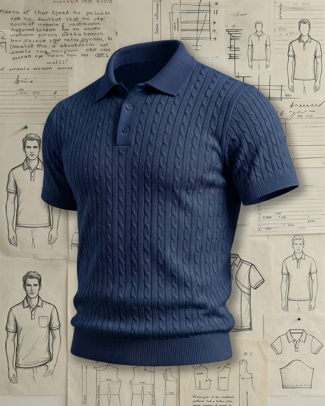 Men's Navy Blue Cable Knit Slim Fit Old Money Style No Print Short Sleeve Polo Shirt