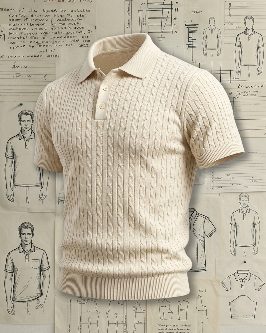 Men's Cream Cable Knit Tailored Fit Retro Gentleman Style No Print Short Sleeve Polo Shirt