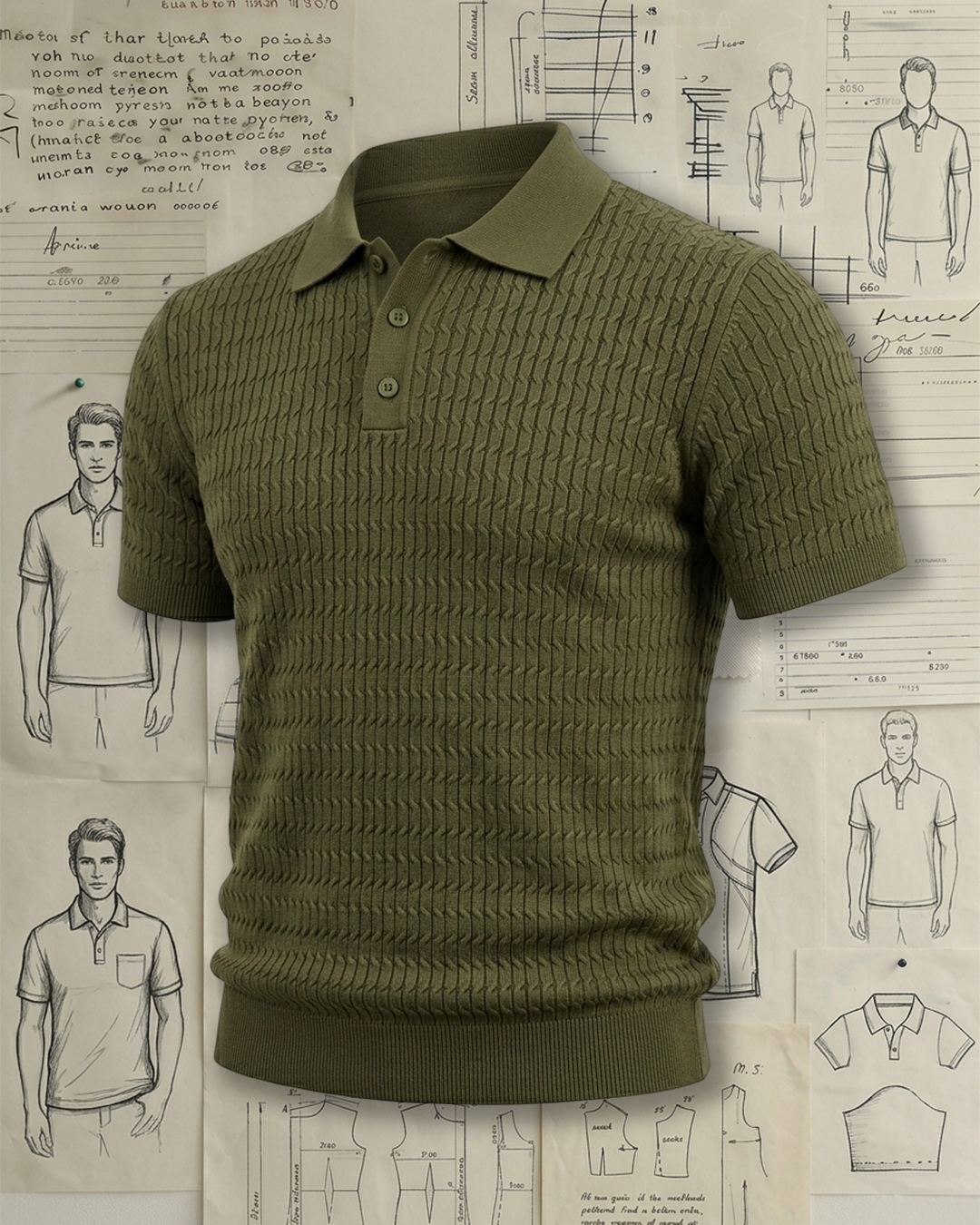 Men's Army Green Textured Knit Regular Fit Military Casual Style No Print Short Sleeve Polo Shirt