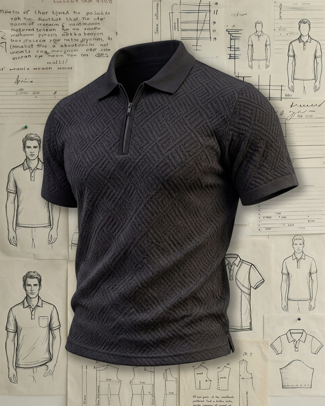 Men's Black Geometric Jacquard Slim Fit Minimalist Business Style No Print Half-Zip Short Sleeve Polo Shirt