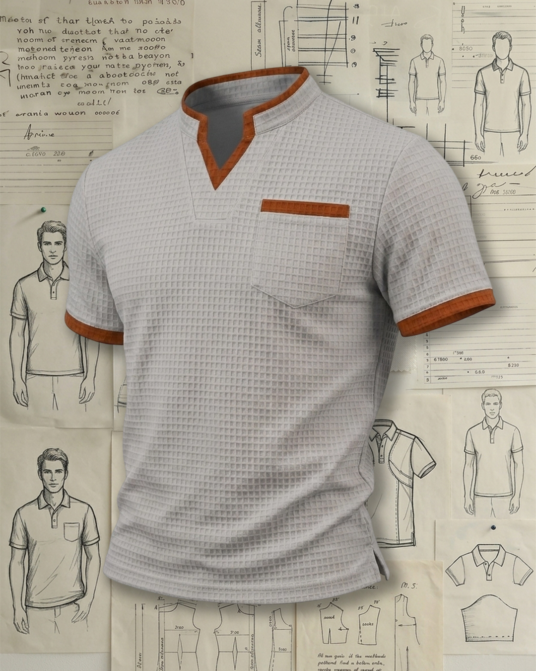 Men's Light Gray Waffle Knit Slim Fit Vacation Casual Style No Print Contrast Trim Stand Collar Short Sleeve Polo Shirt