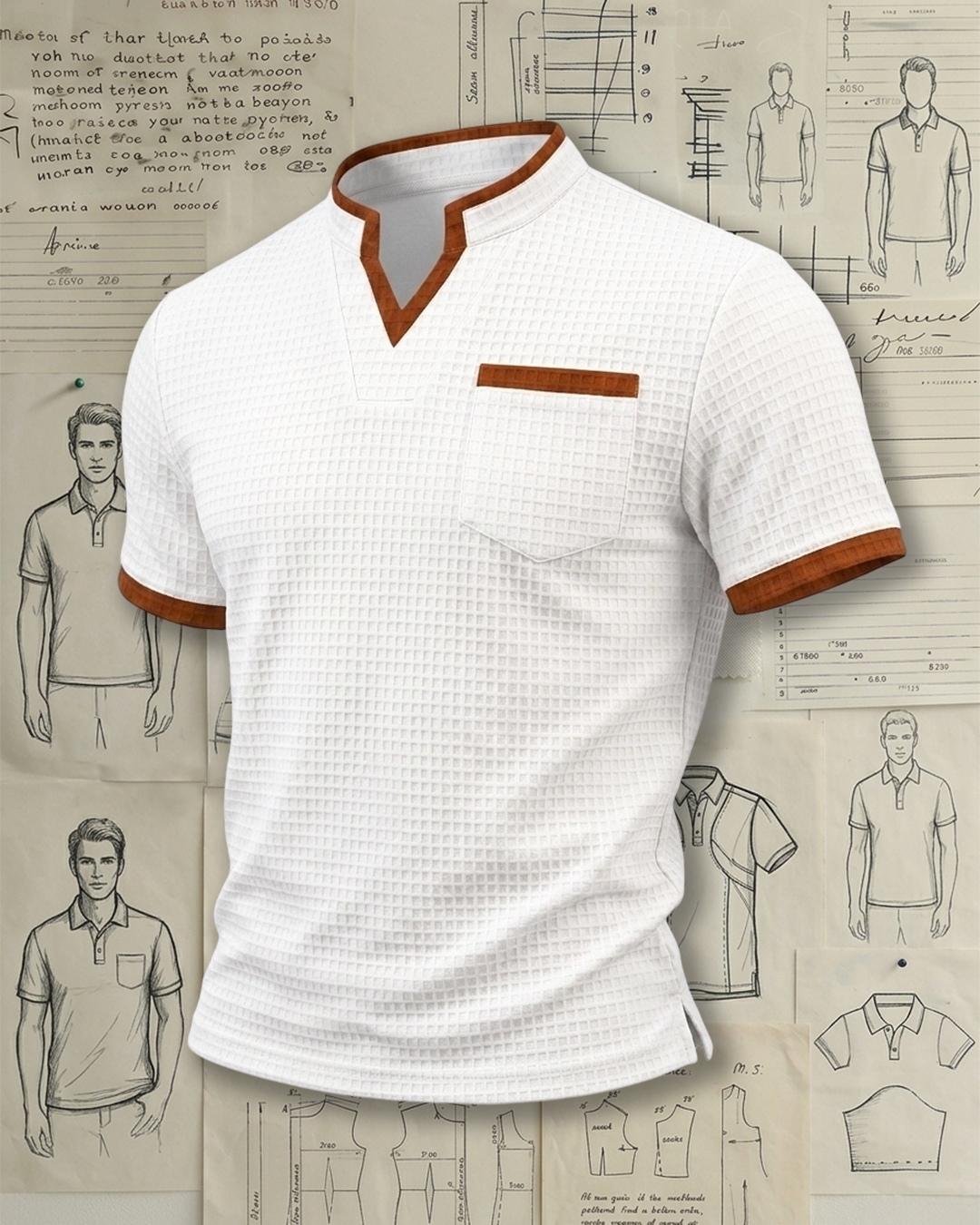 Men's White & Brown Contrast Waffle Knit Slim Fit Retro Casual Style No Print Stand Collar Short Sleeve Polo Shirt