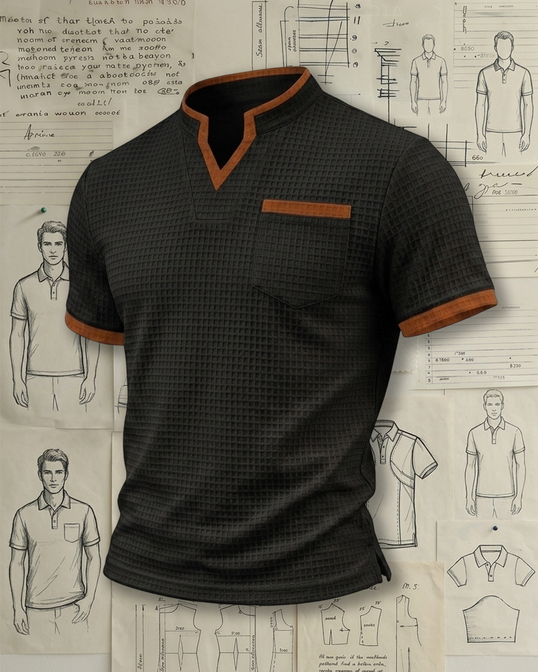 Men's Black & Brown Contrast Waffle Knit Slim Fit Urban Casual Style No Print Mandarin Collar Short Sleeve Polo Shirt