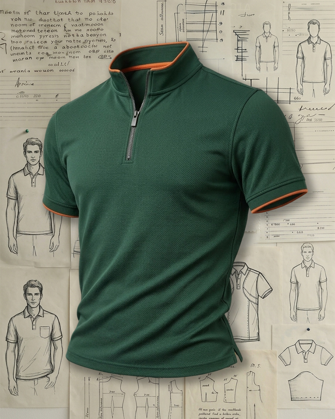 Men's Dark Green & Orange Contrast Half-Zip Slim Fit Business Casual Style No Print Stand Collar Short Sleeve Polo Shirt