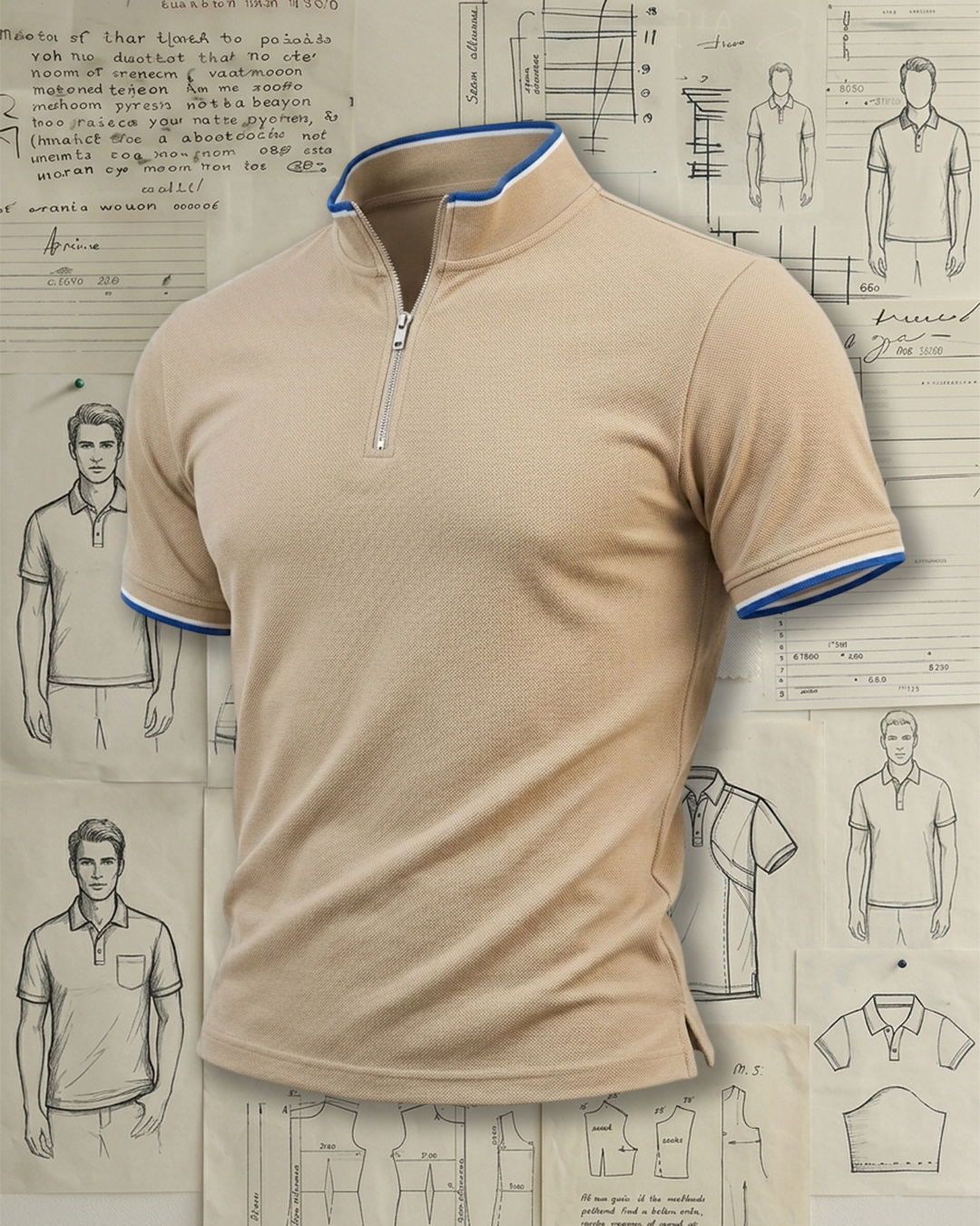 [Copy]Men's Dark Green & Orange Contrast Half-Zip Slim Fit Business Casual Style No Print Stand Collar Short Sleeve Polo Shirt