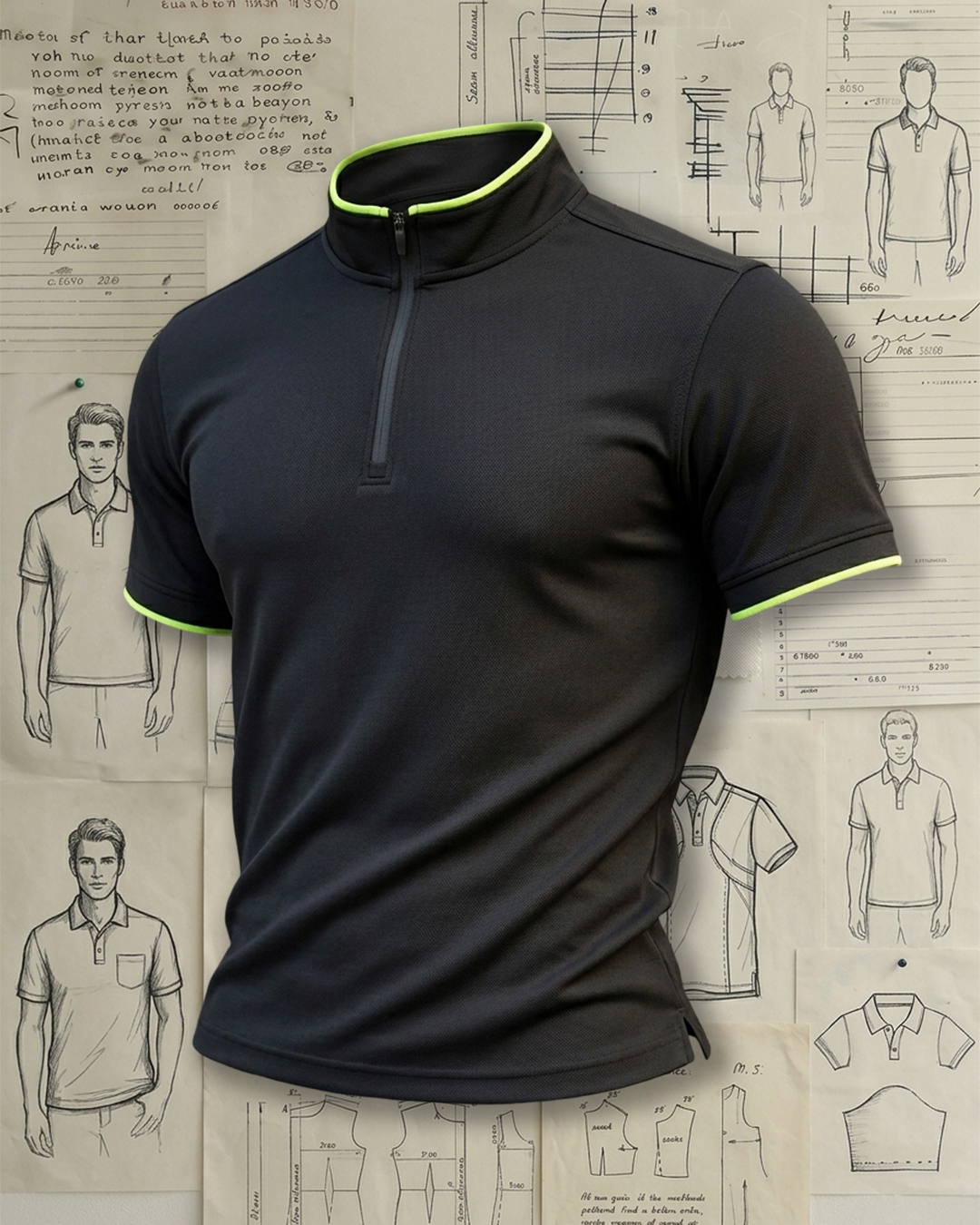 Men's Black & Fluorescent Green Contrast Half-Zip Slim Fit Sport Casual Style No Print Stand Collar Performance Polo Shirt