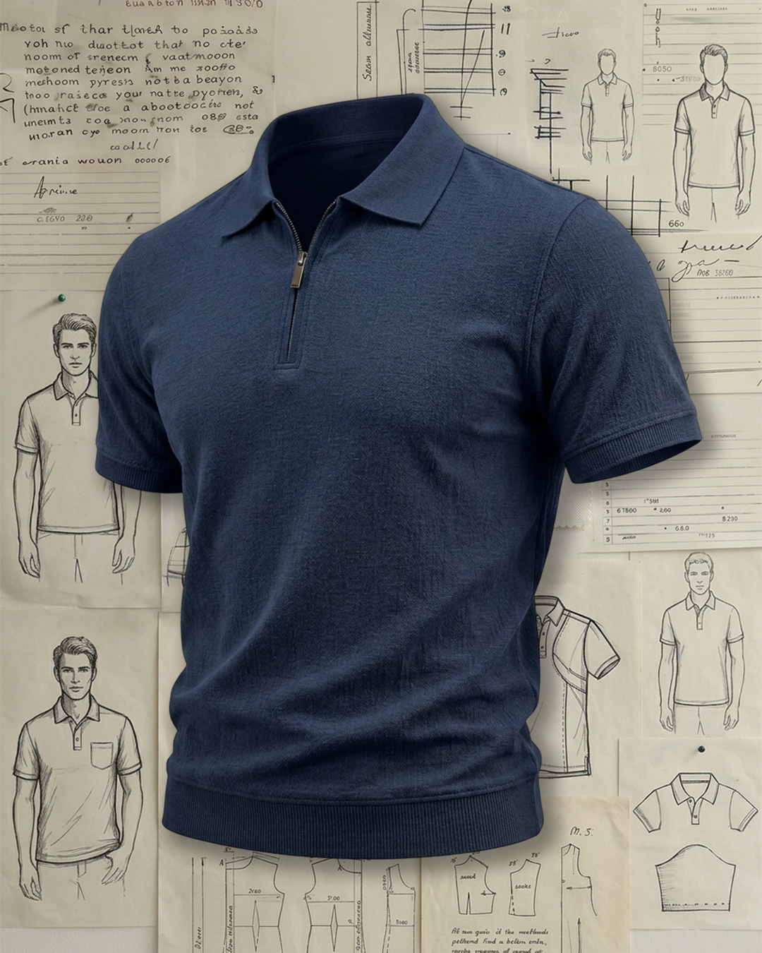 Men's Navy Half-Zip Ribbed Hem Slim Fit Old Money Style No Print Knit Polo Shirt