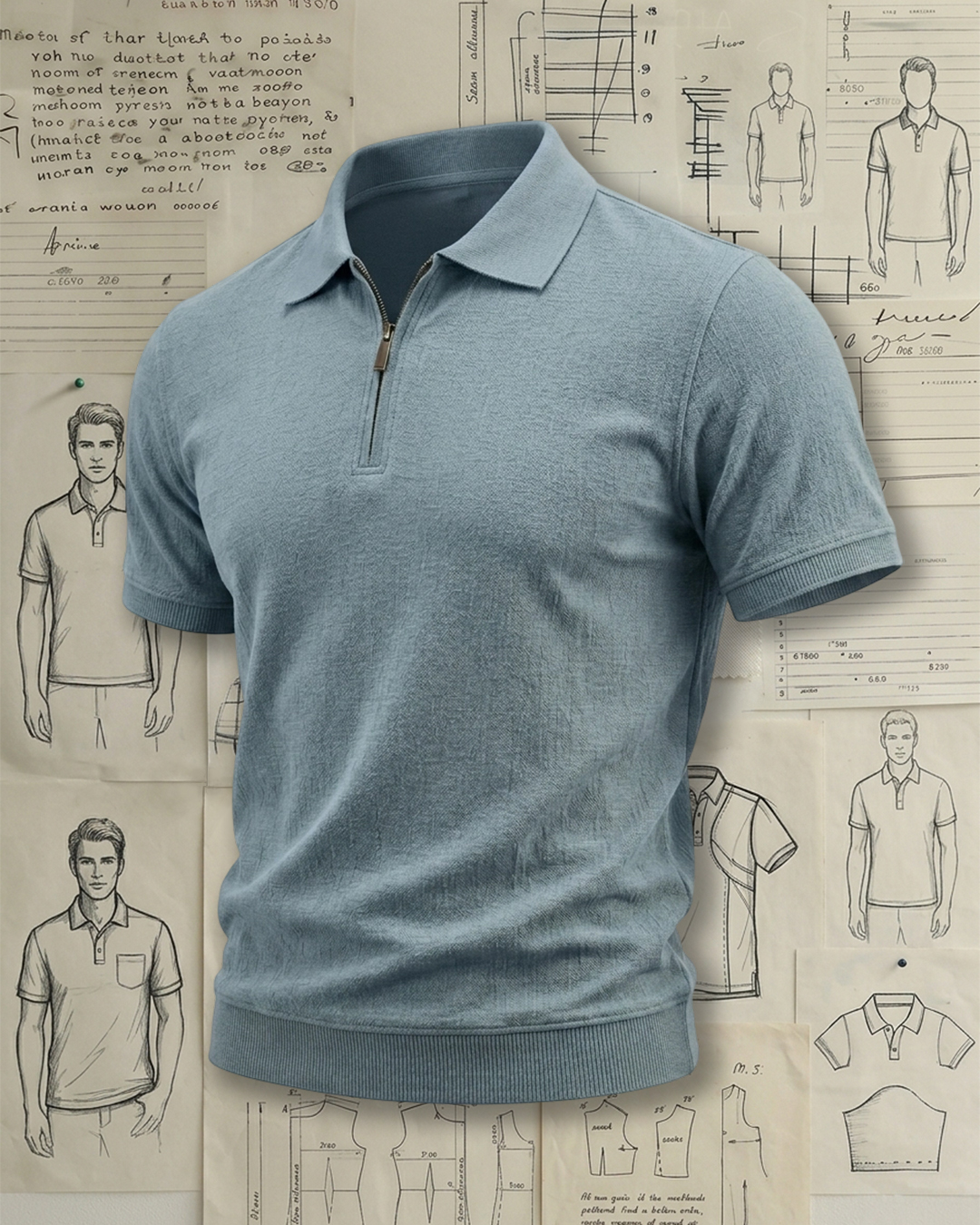 Men's Dusty Blue Half-Zip Ribbed Cuff Slim Fit Casual Luxury Style No Print Knit Polo Shirt