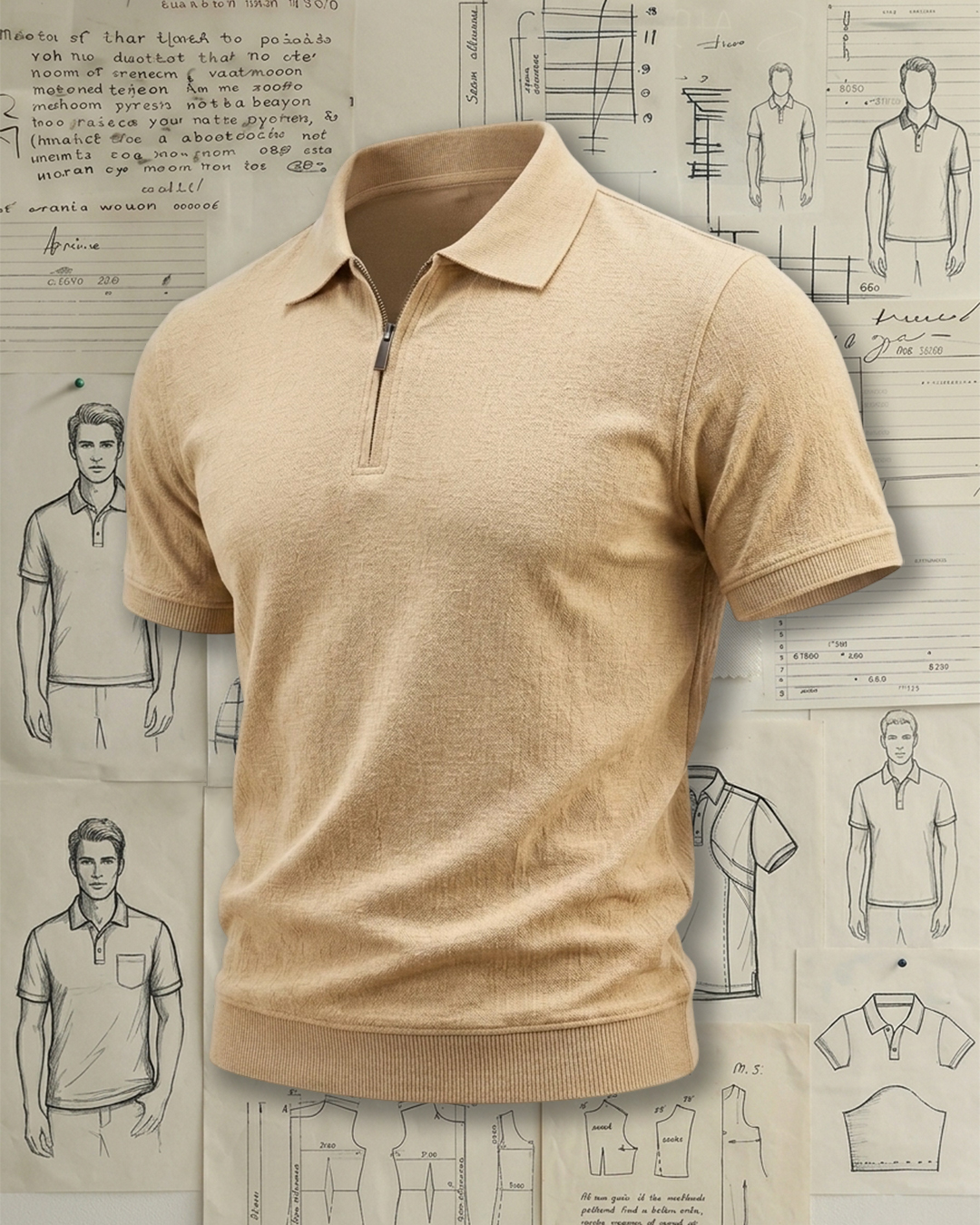 Men's Khaki Half-Zip Ribbed Trim Slim Fit Urban Casual Style No Print Knit Polo Shirt