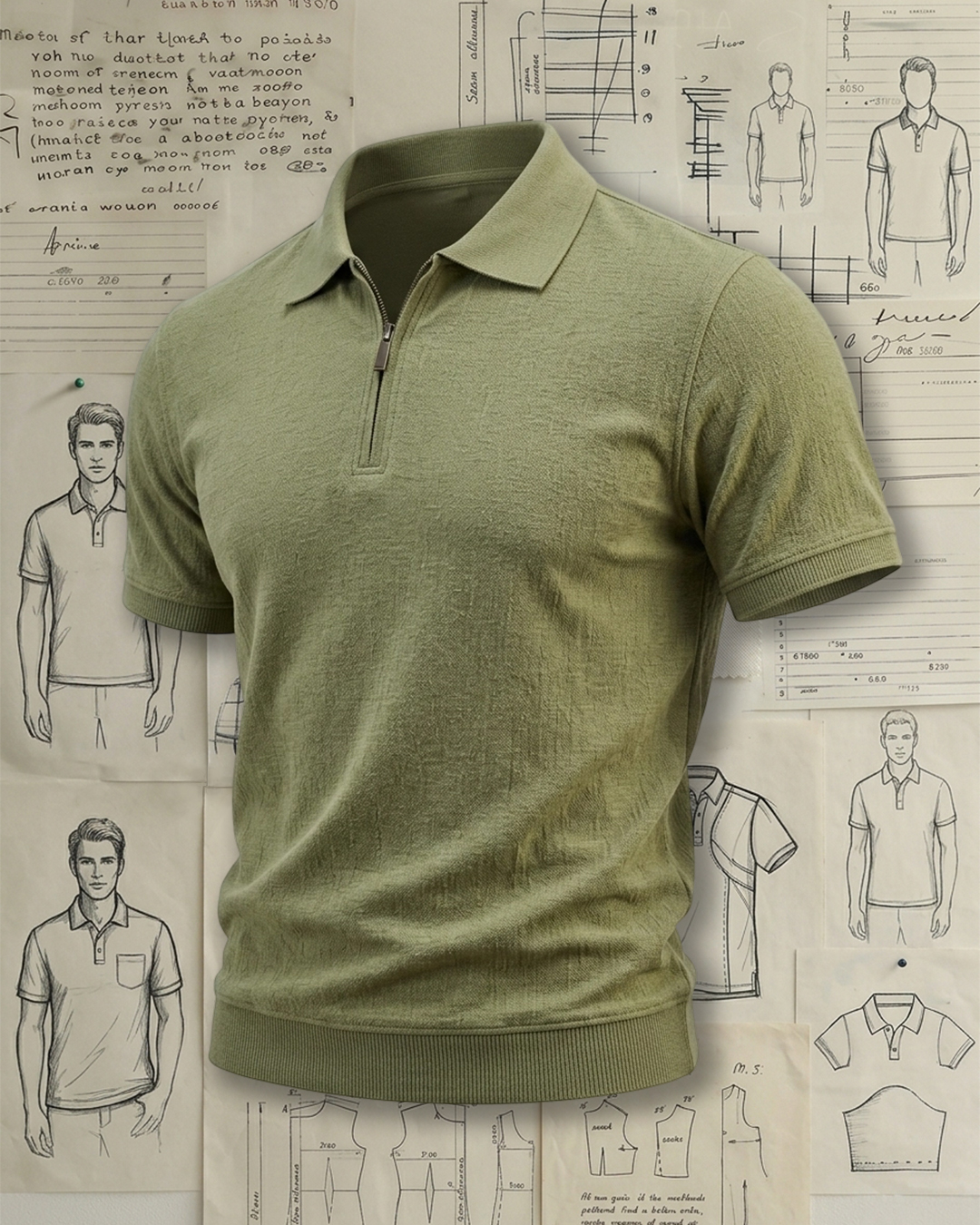 Men's Olive Green Half-Zip Ribbed Hem Slim Fit Outdoor Casual Style No Print Knit Polo Shirt