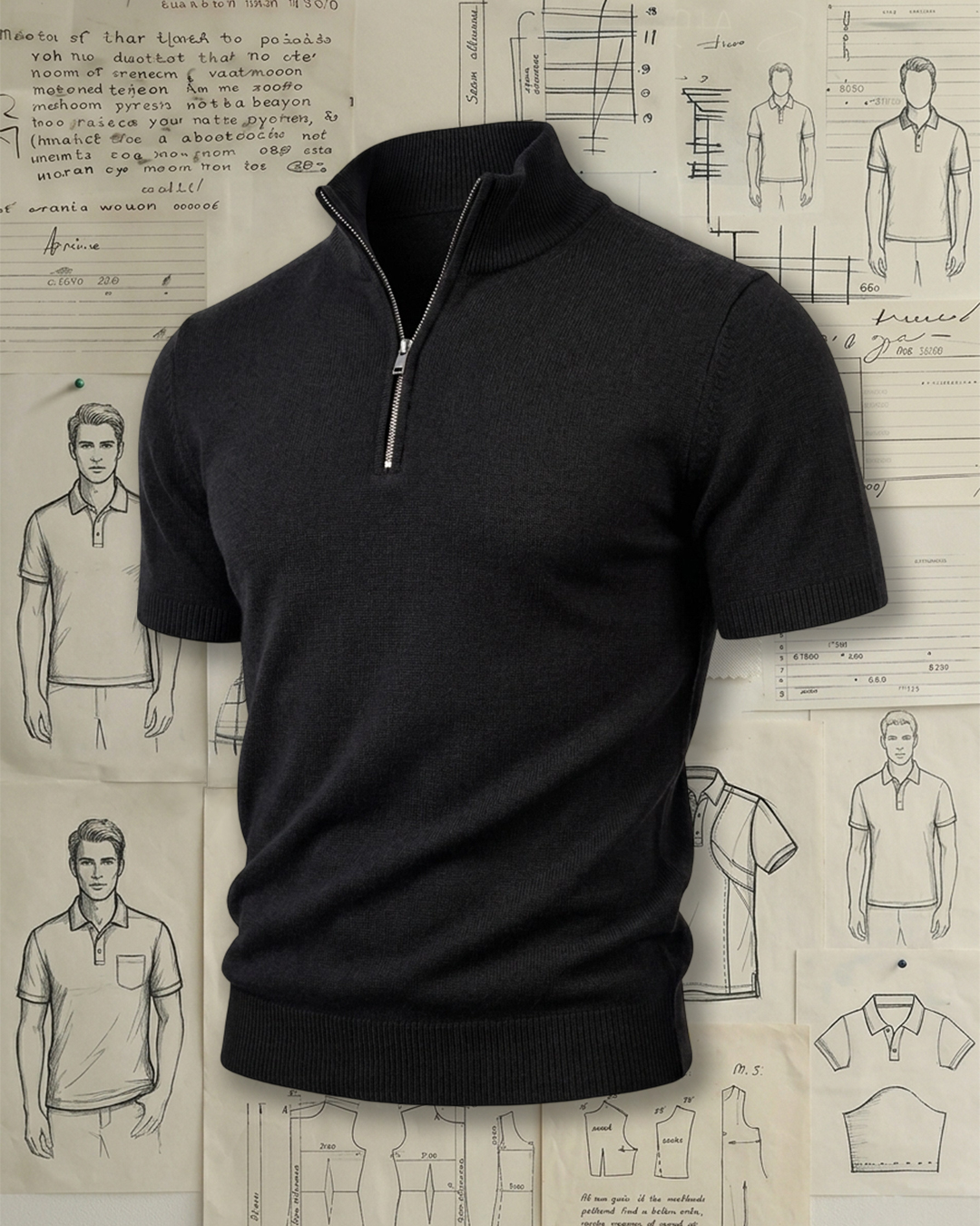 Men's Black Half-Zip Stand Collar Slim Fit Business Casual Style No Print Knit Short Sleeve Top