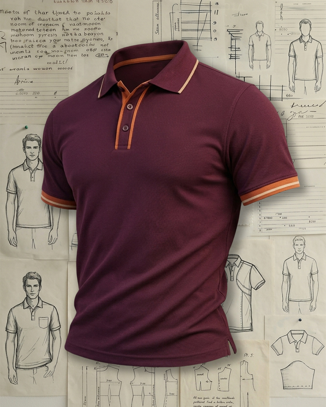 Men's Wine Red Orange Trim Slim Fit Retro Business Casual Style No Print Pique Polo Shirt