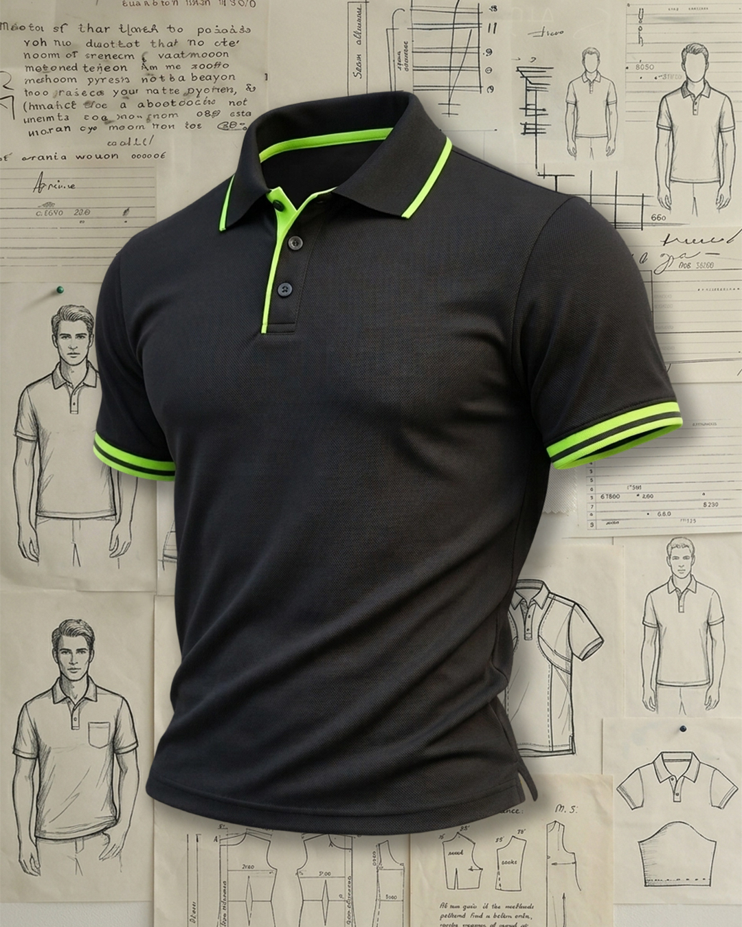 Men's Black Fluorescent Green Trim Slim Fit Sporty Casual Style No Print Pique Polo Shirt