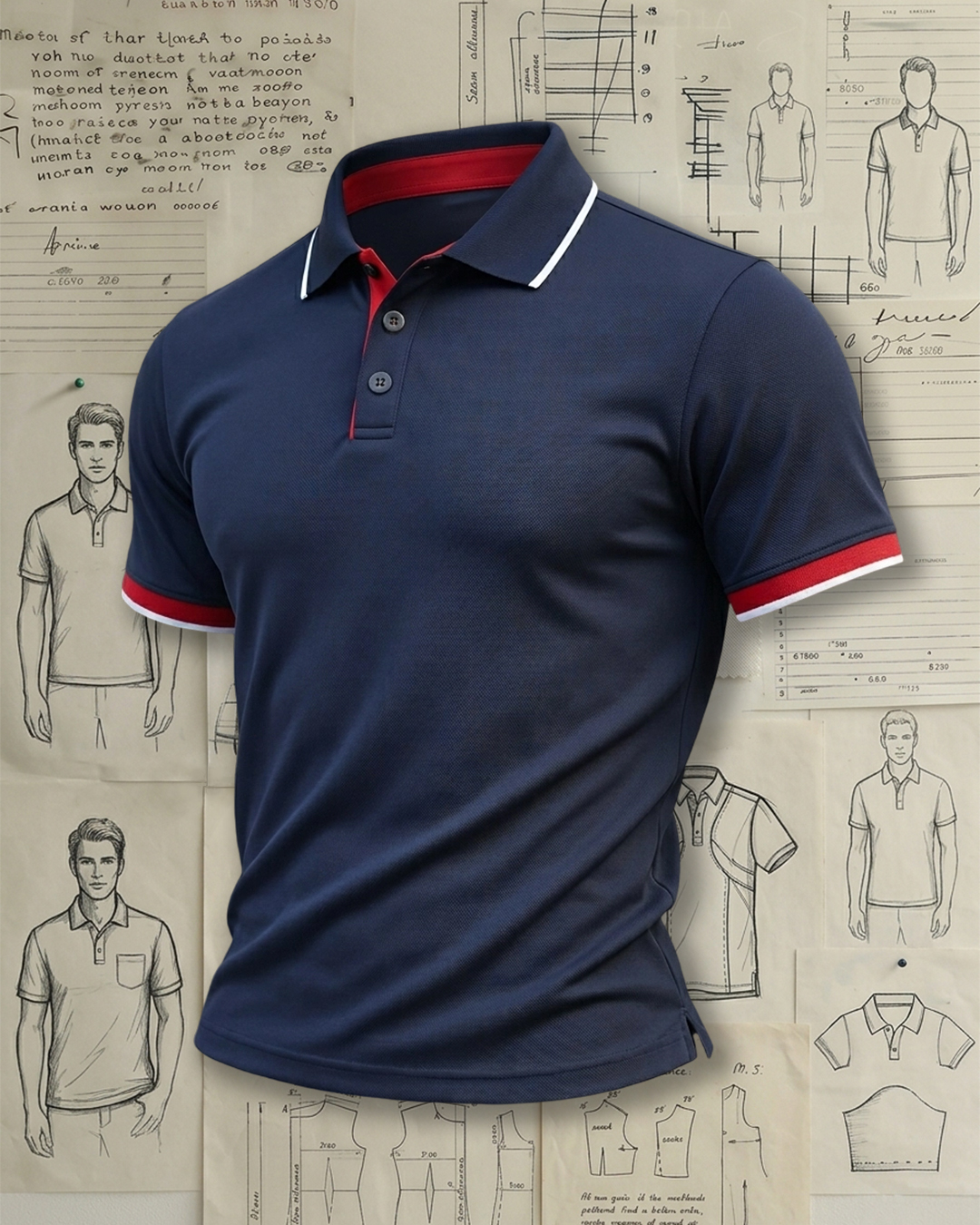 Men's Navy Red-White Trim Regular Fit Old Money Business Casual Style No Print Pique Polo Shirt