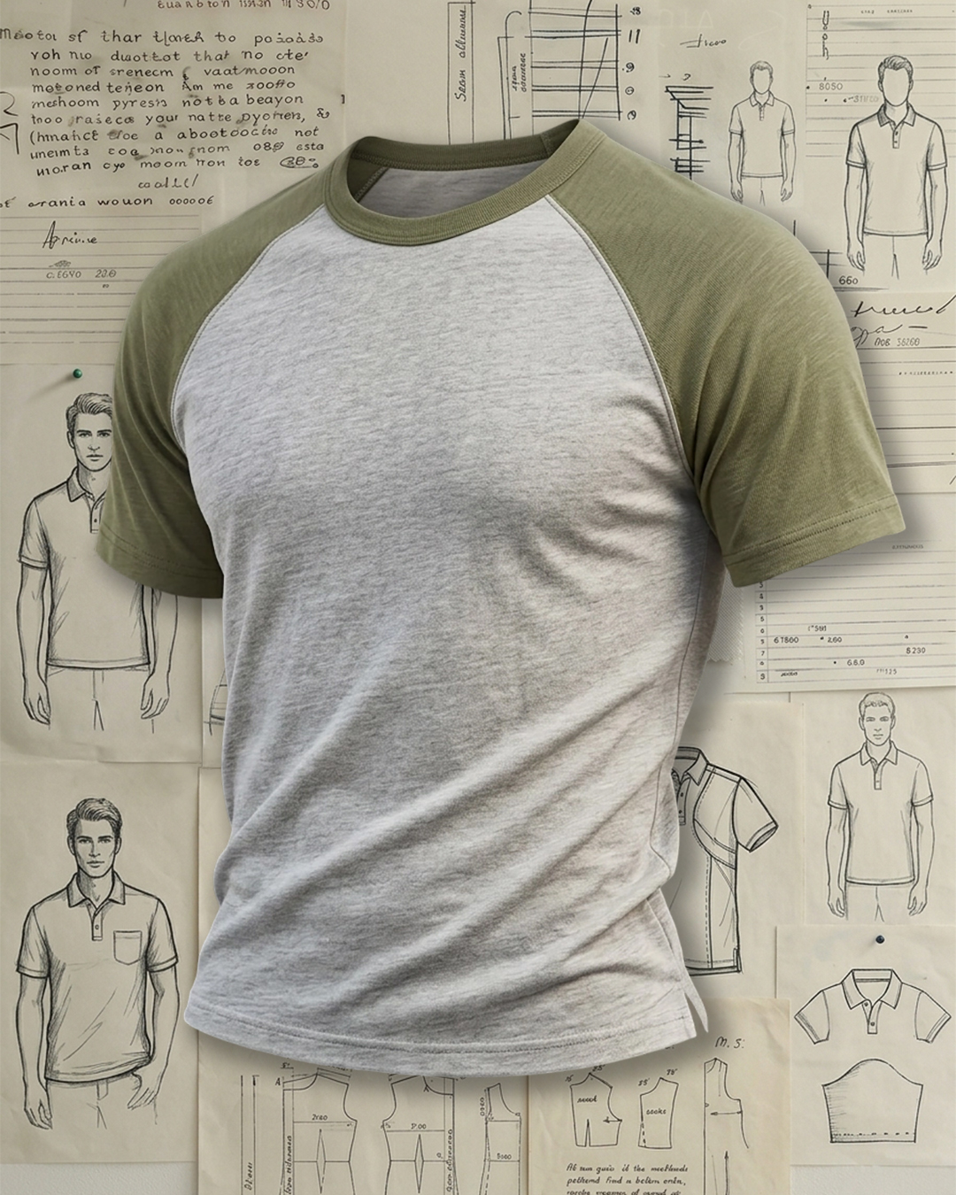 Men's Heather Gray Olive Green Raglan Sleeve Slim Fit Retro Casual Style No Print Cotton T-Shirt