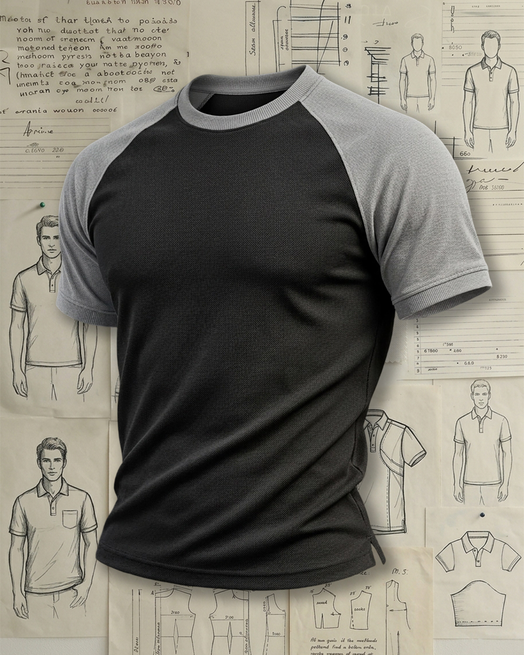 Men's Black Heather Gray Raglan Sleeve Slim Fit Street Casual Style No Print Pique T-Shirt