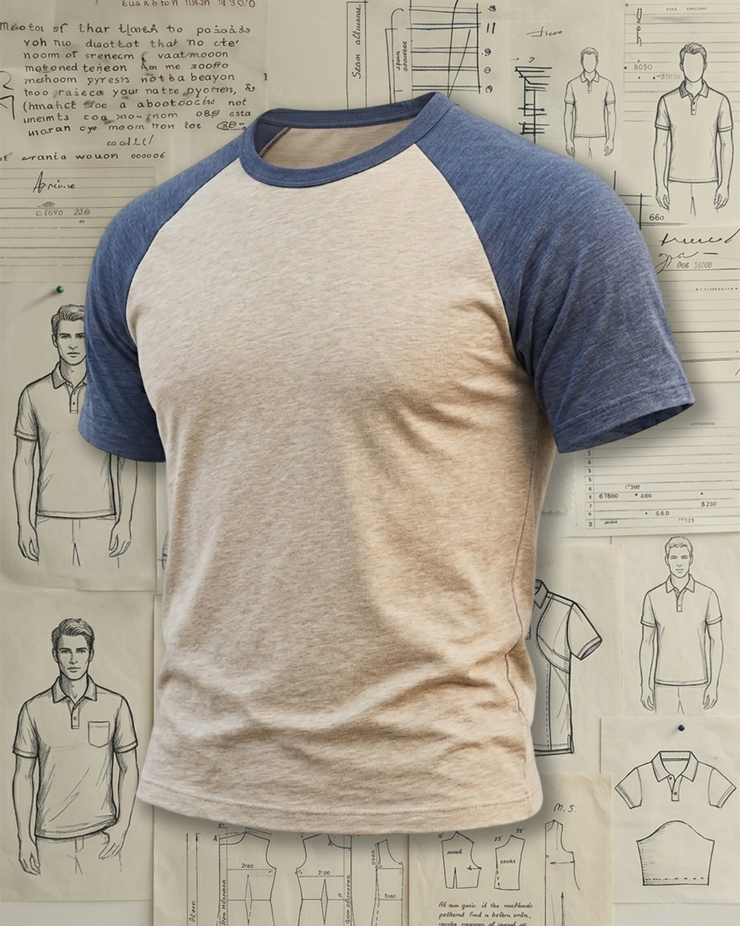 Men's Oatmeal Heather Blue Raglan Sleeve Regular Fit Vintage Casual Style No Print Cotton T-Shirt