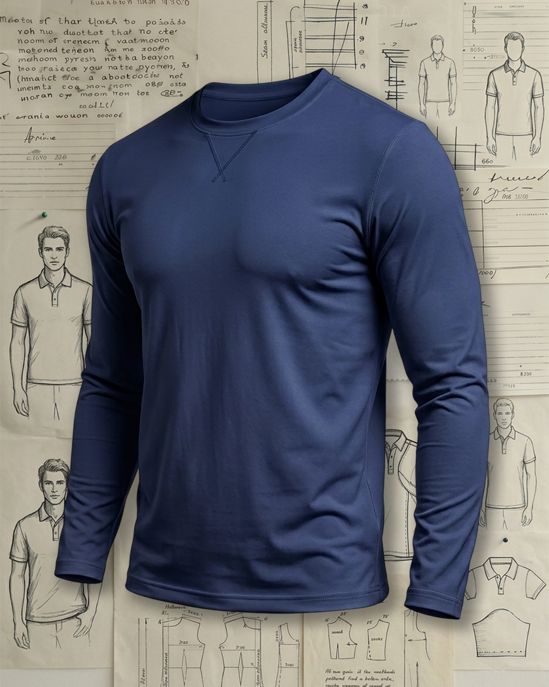 Men's Navy Blue Slim Fit Business Casual Style No Print Cotton Long Sleeve T-Shirt