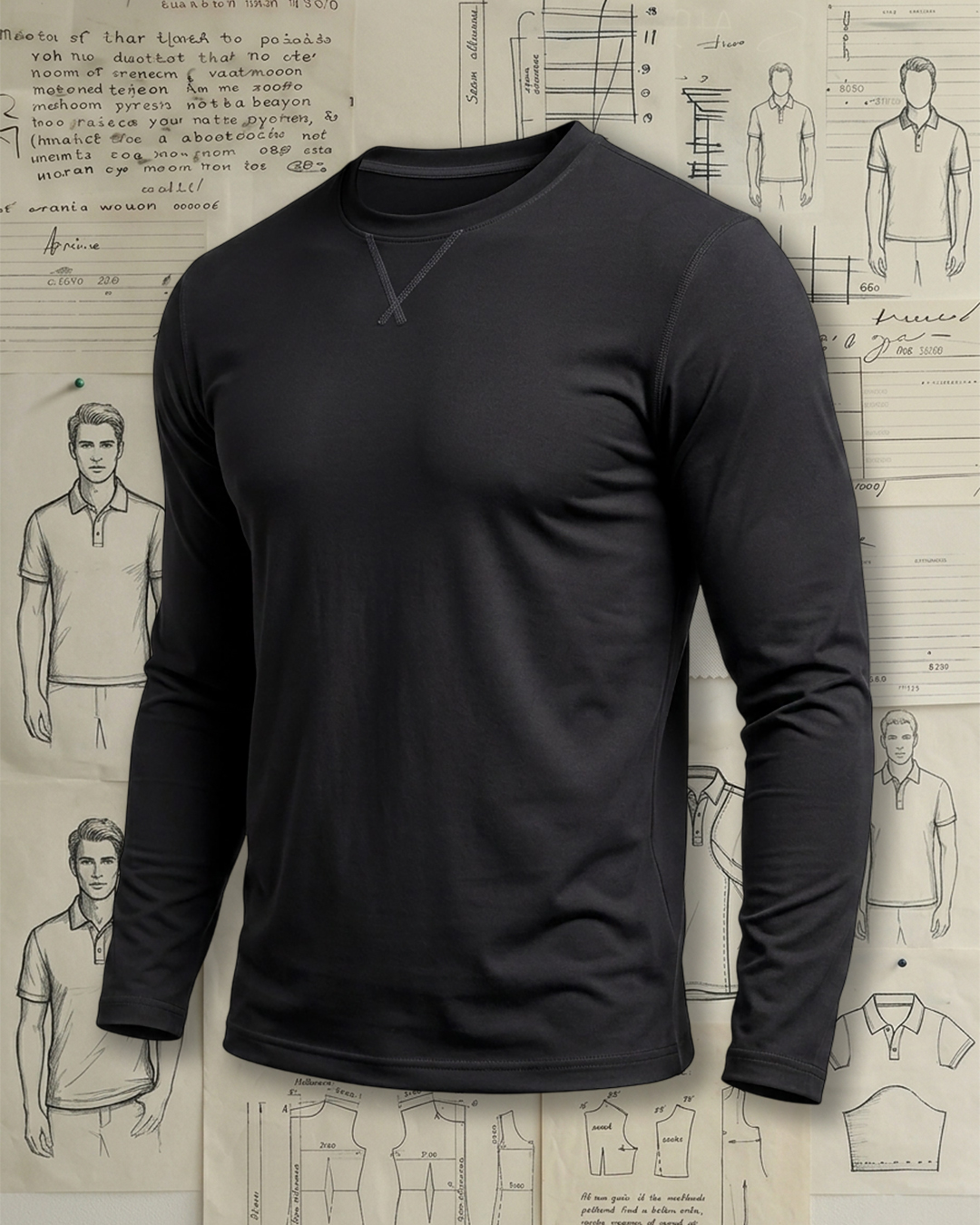 Men's Jet Black Slim Fit Urban Minimalist Style No Print Cotton Long Sleeve T-Shirt