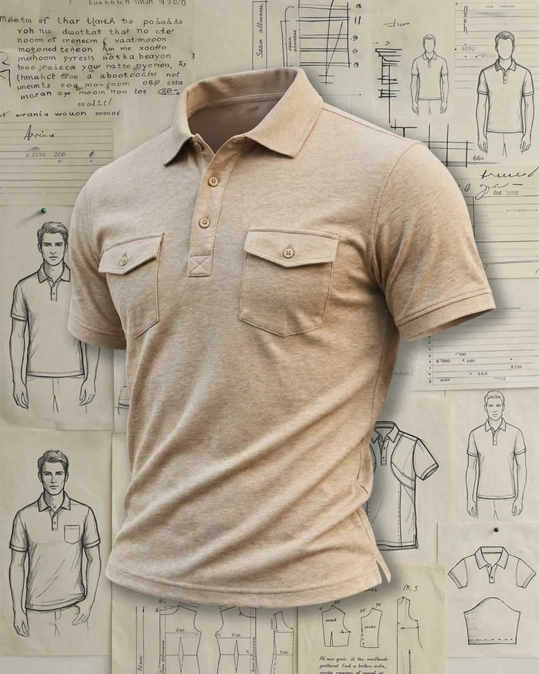 Men's Apricot Slim Fit Workwear Casual Style No Print Double Pocket Short Sleeve Polo Shirt