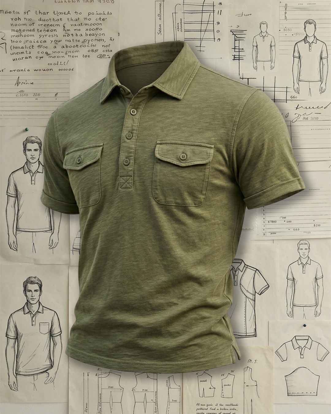 Men's Army Green Regular Fit Retro Workwear Style No Print Double Pocket Short Sleeve Polo Shirt
