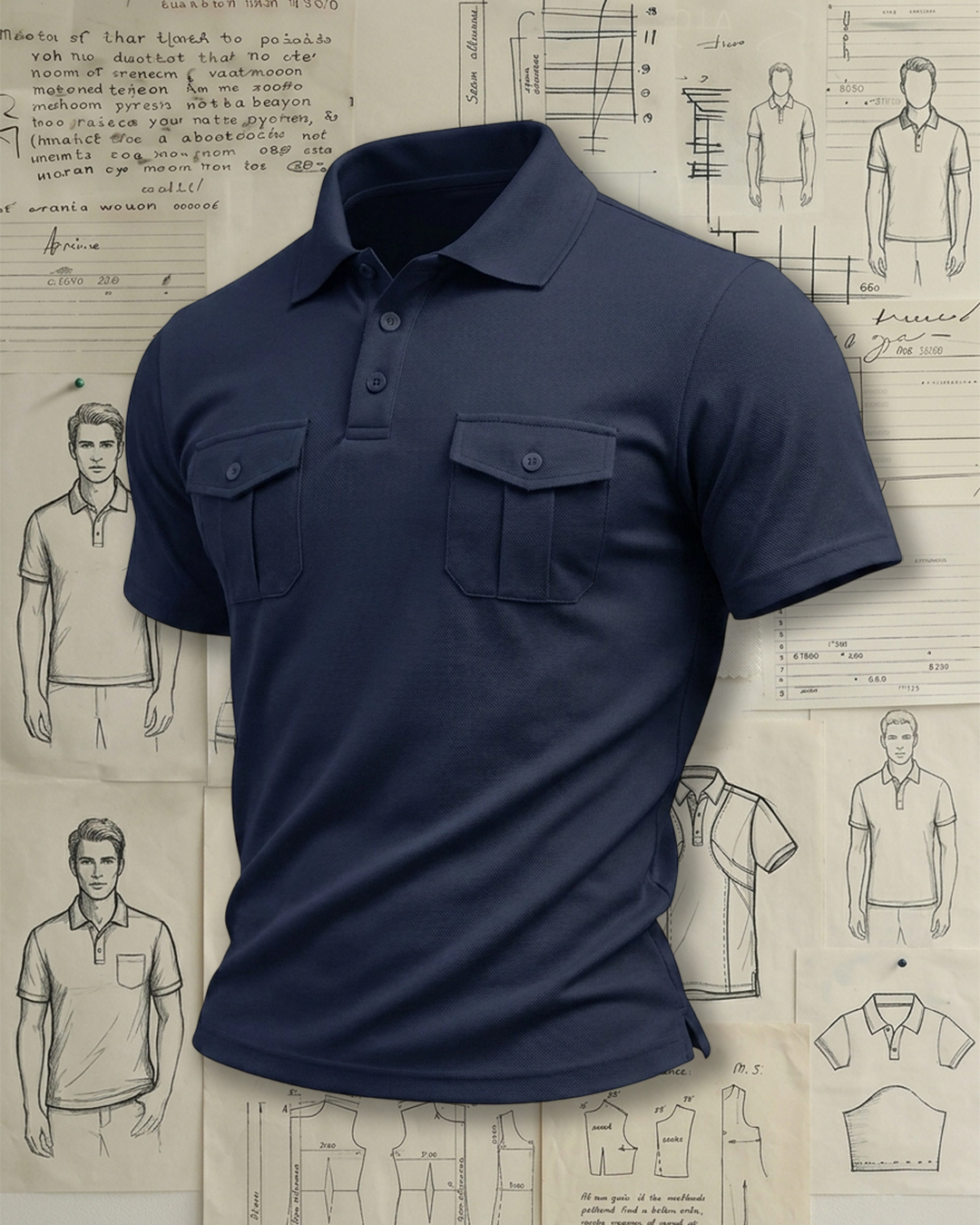 Men's Navy Blue Slim Fit Business Casual Style No Print Double Chest Pocket Short Sleeve Polo Shirt