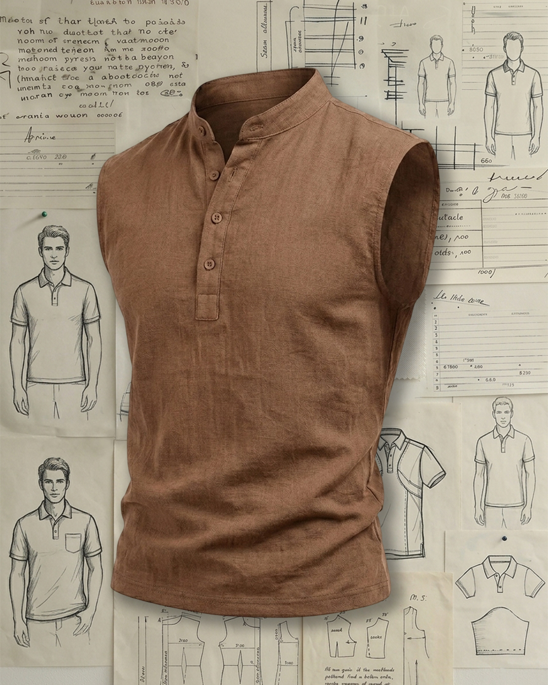 Men's Coffee Brown Regular Fit Linen Casual Style No Print Stand Collar Sleeveless Henley Shirt