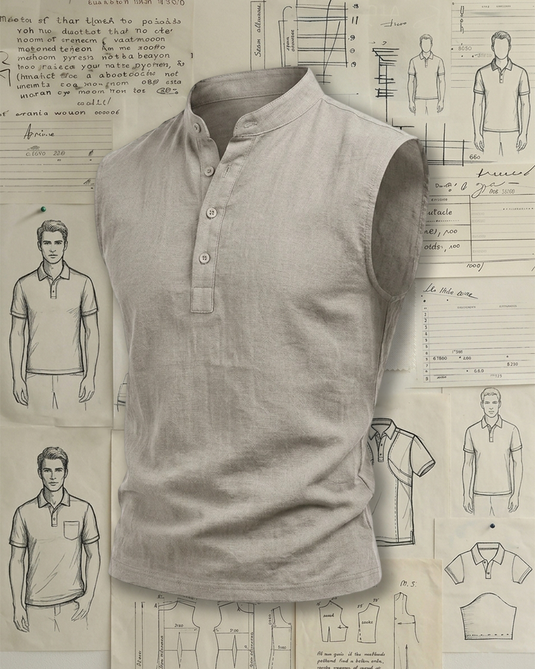 Men's Light Gray Regular Fit Linen Casual Style No Print Stand Collar Sleeveless Henley Shirt