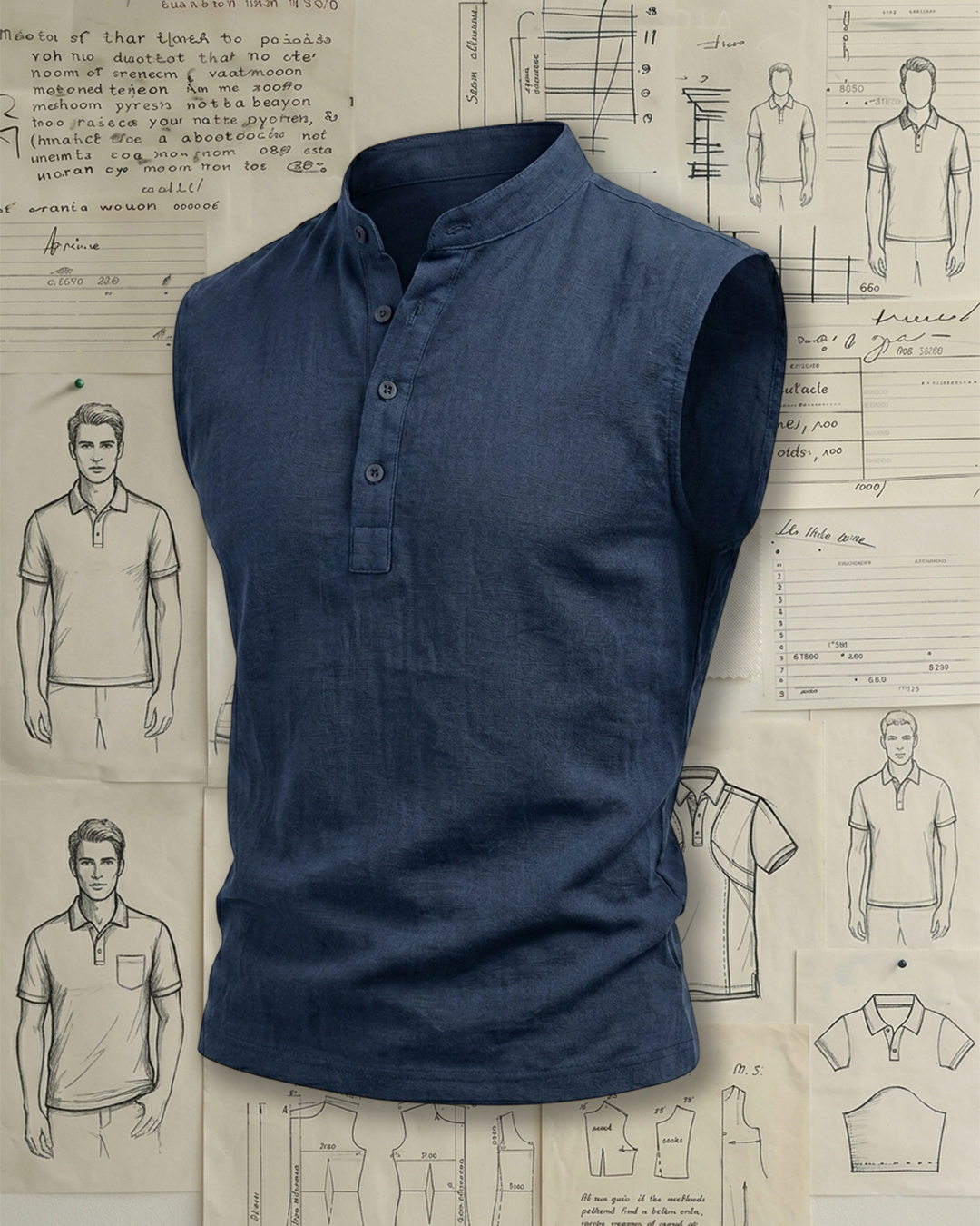 Men's Navy Blue Slim Tailored Casual Style No Print Stand Collar Sleeveless Henley Shirt