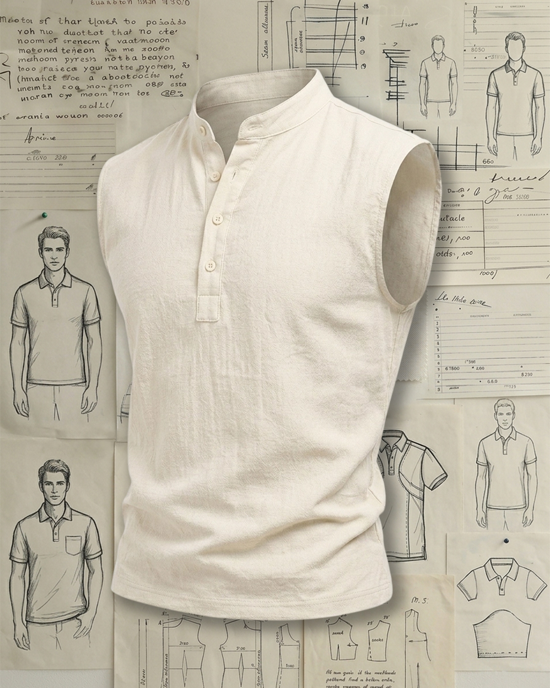 Men's Beige Relaxed Fit Linen Retro Style No Print Stand Collar Sleeveless Henley Shirt