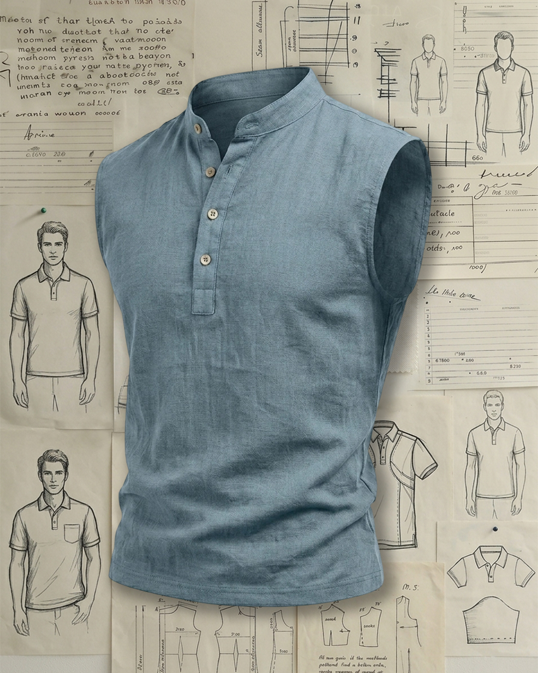 Men's Slate Blue Regular Fit Linen Minimalist Style No Print Stand Collar Sleeveless Henley Shirt