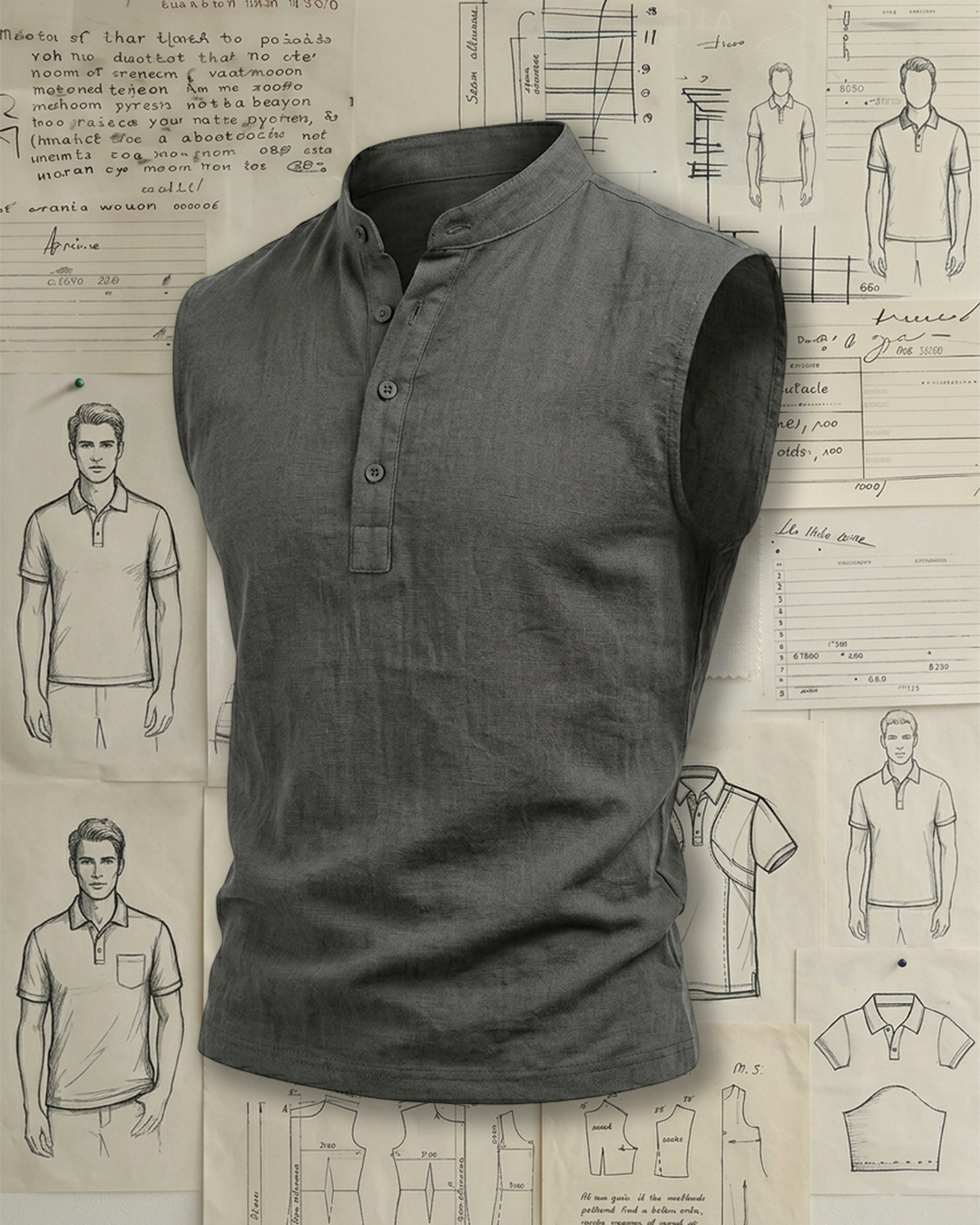 Men's Charcoal Grey Slim Fit Urban Casual Style No Print Stand Collar Sleeveless Henley Shirt