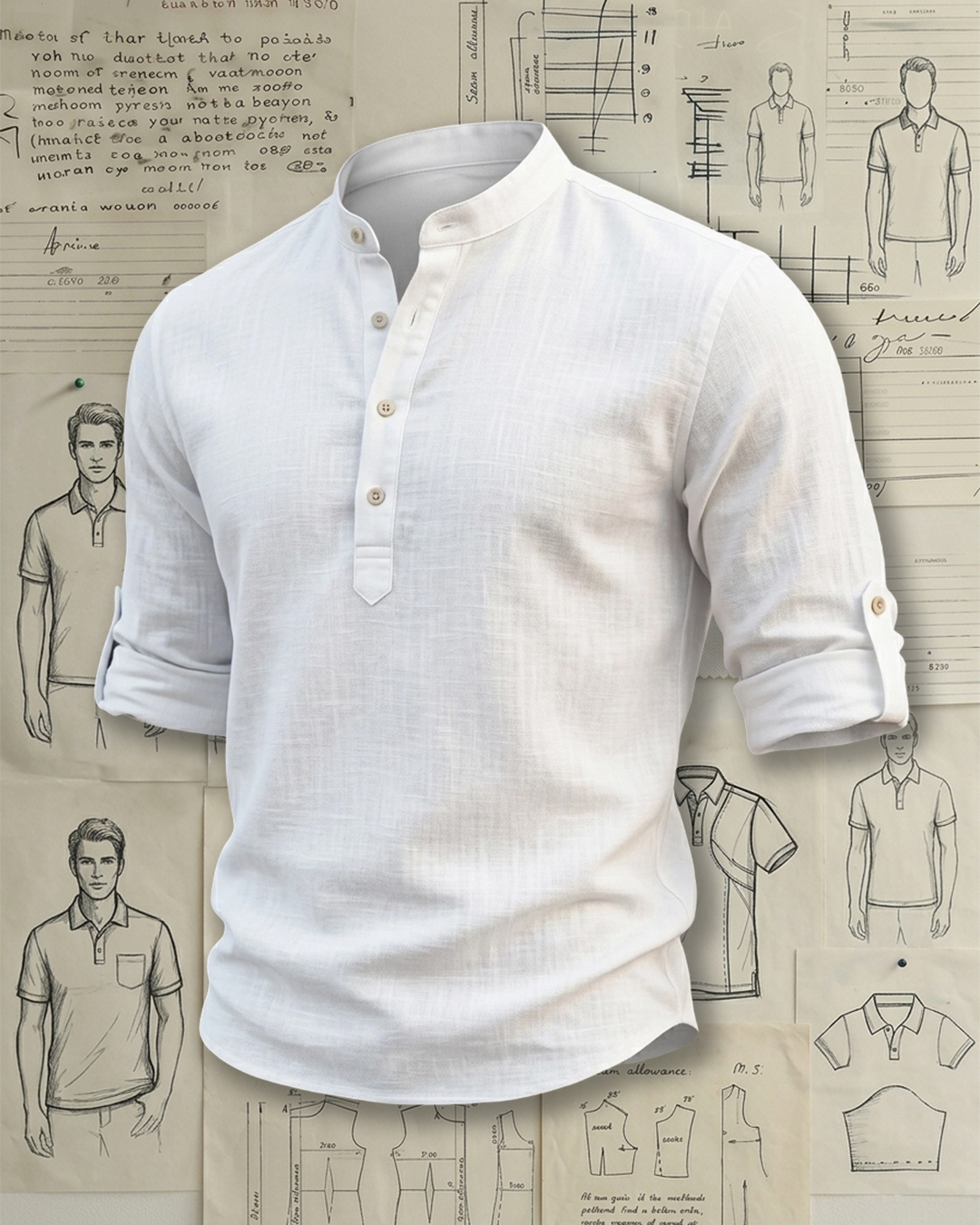 Men's Pure White Slim Fit Old Money Style No Print Roll-up Sleeve Stand Collar Henley Shirt