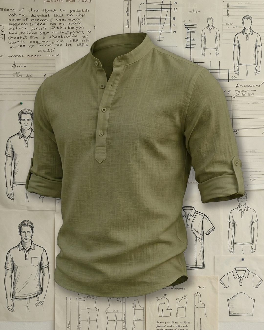 Men's Olive Green Regular Fit Vacation Casual Style No Print Roll-up Sleeve Stand Collar Henley Shirt